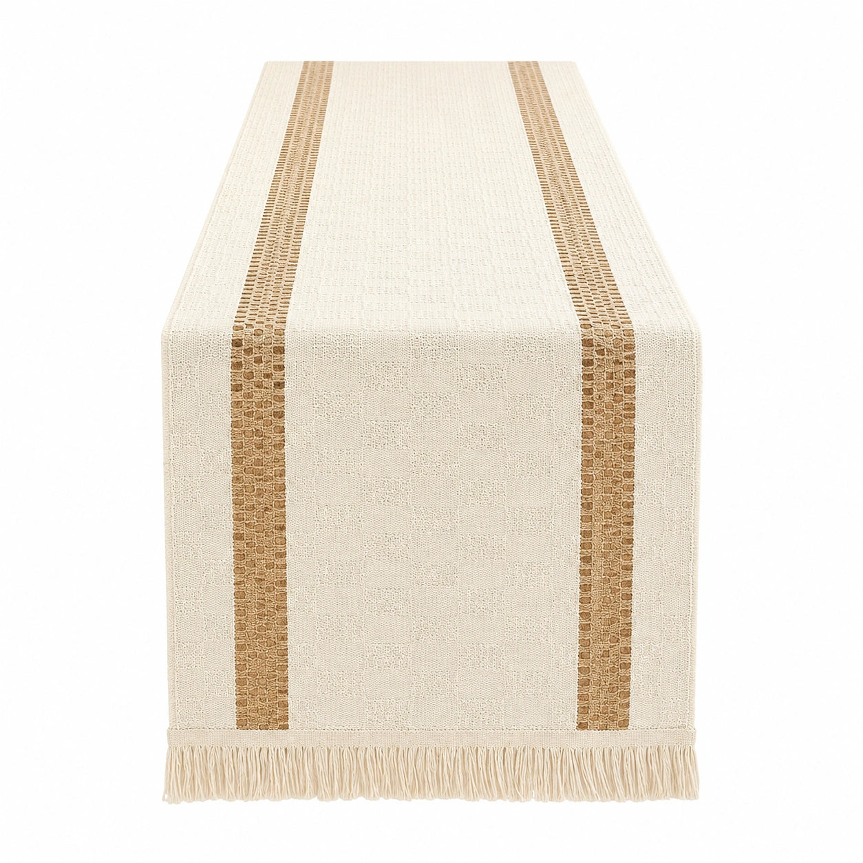 Chemin de table beige à franges avec motifs géométriques