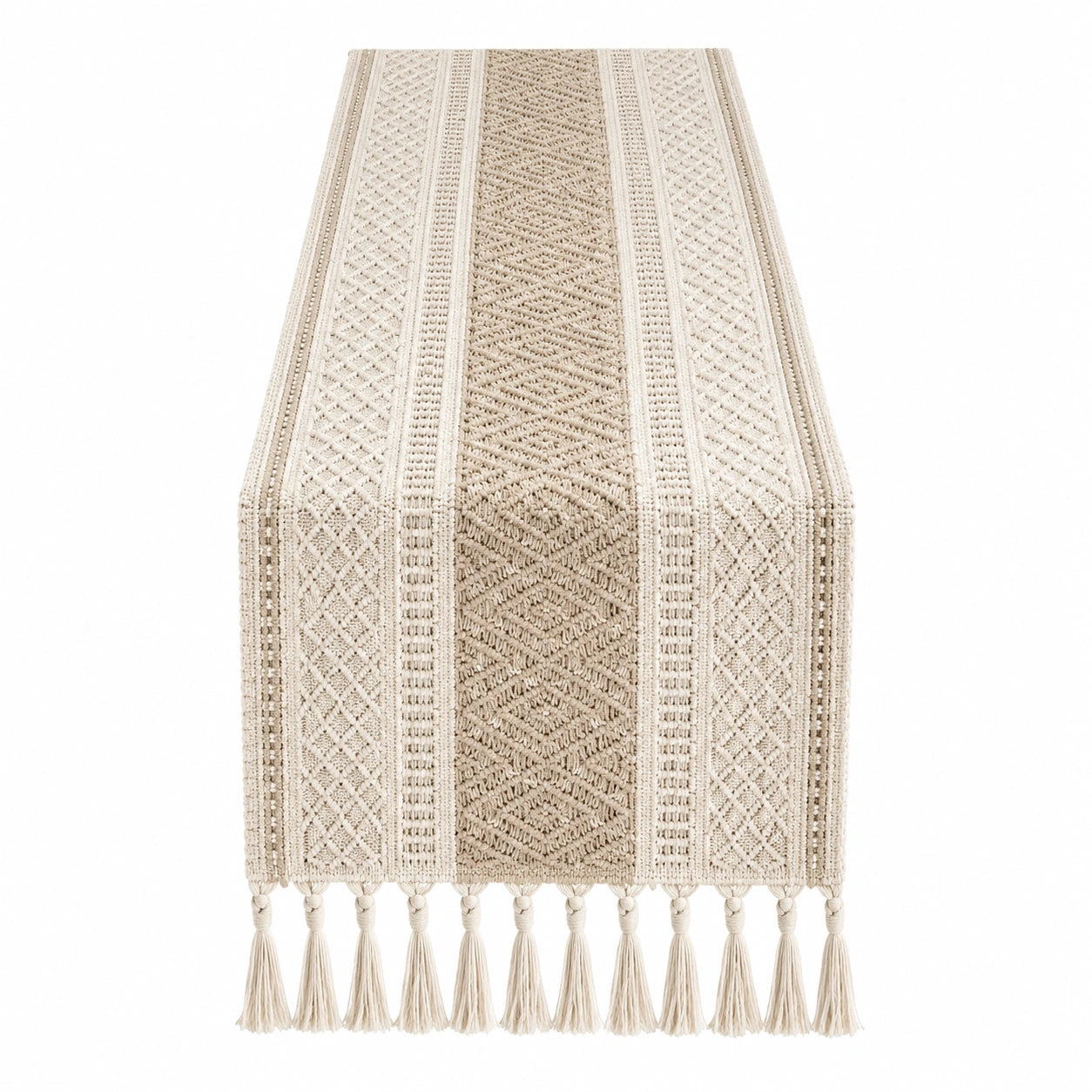 Chemin de Table Bohème Tissé avec Franges - Beige et Blanc