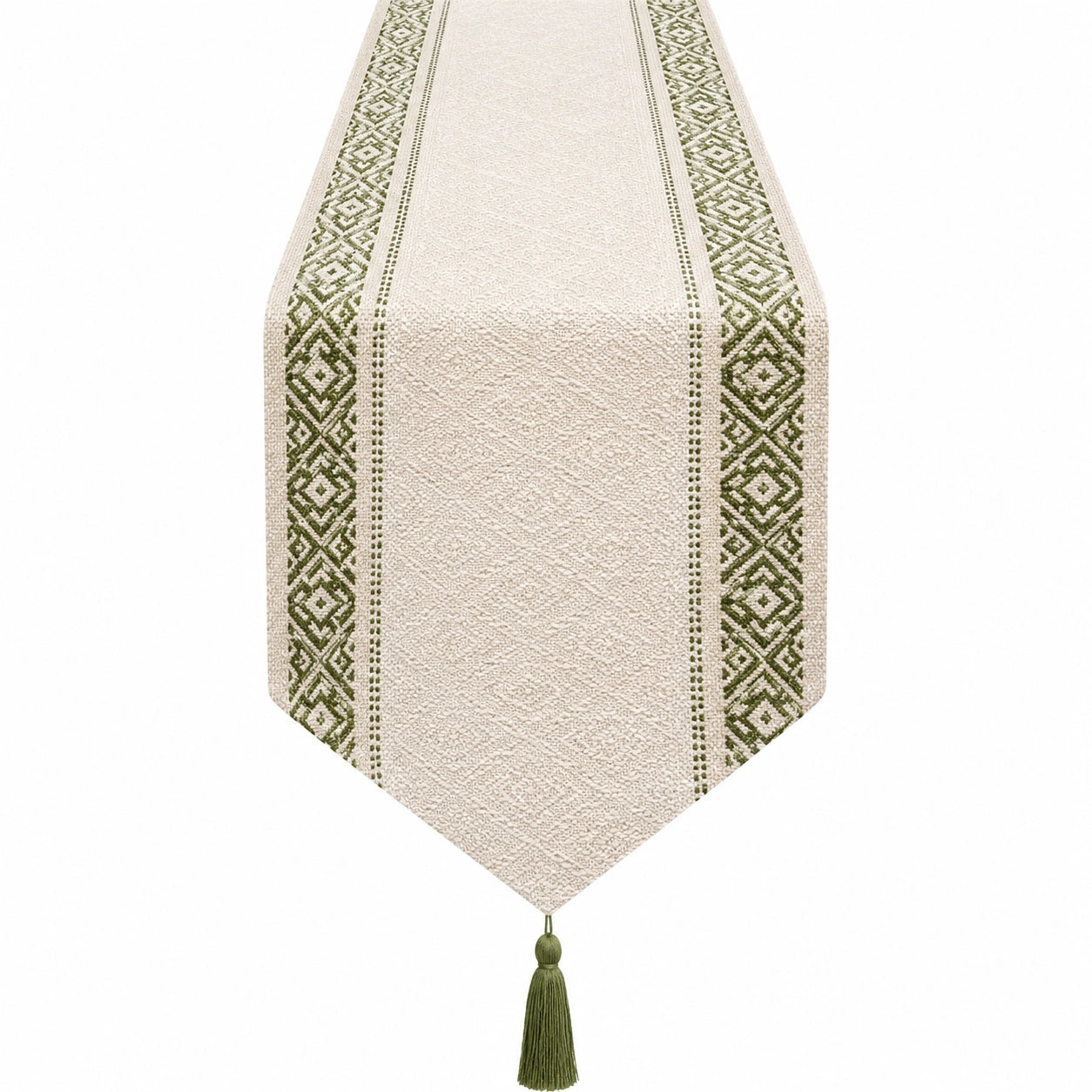 Chemin de table ivoire à motifs géométriques verts avec franges