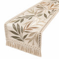 Chemin de Table Beige avec Motif Feuilles et Franges 40x140 cm