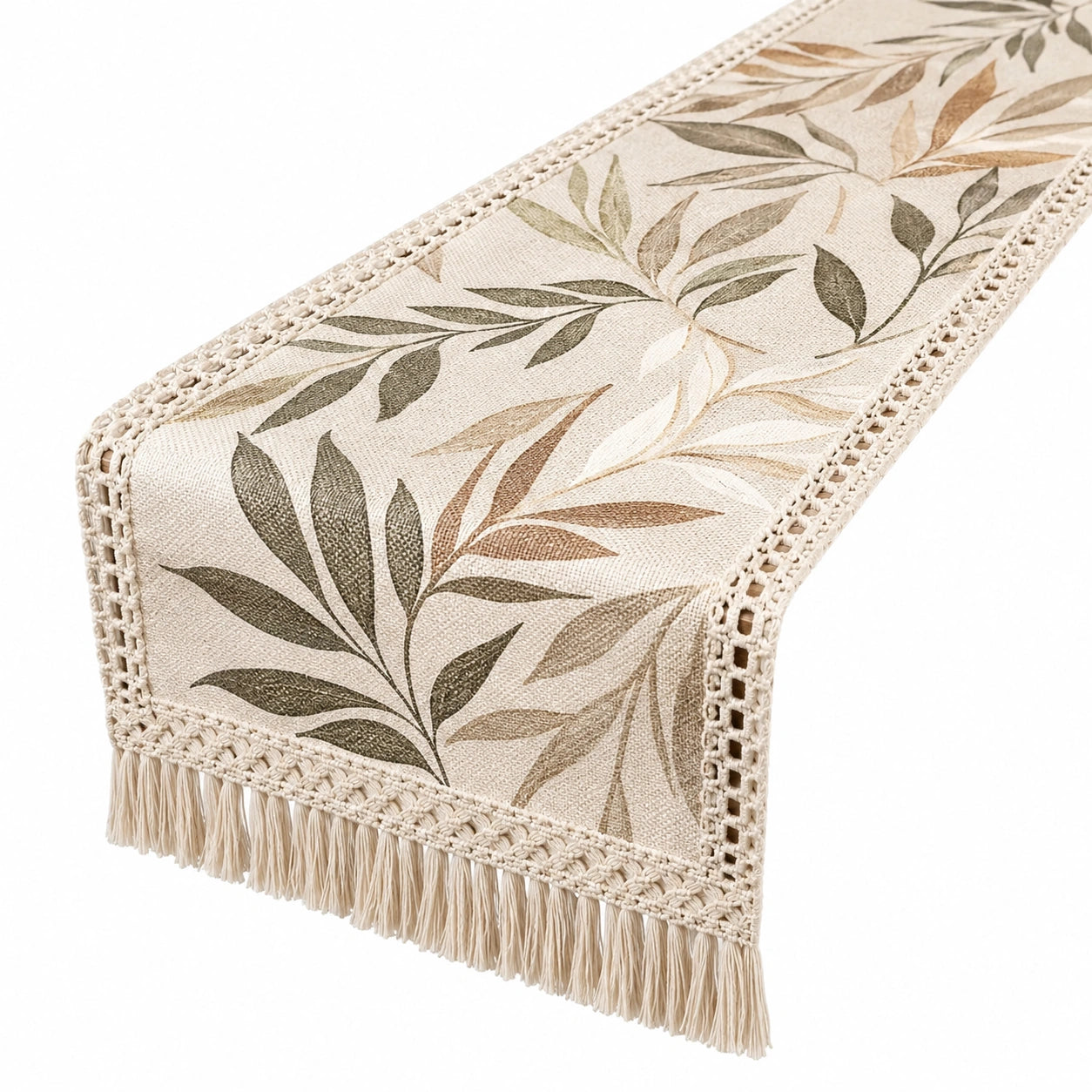 Chemin de Table Beige avec Motif Feuilles et Franges 40x140 cm