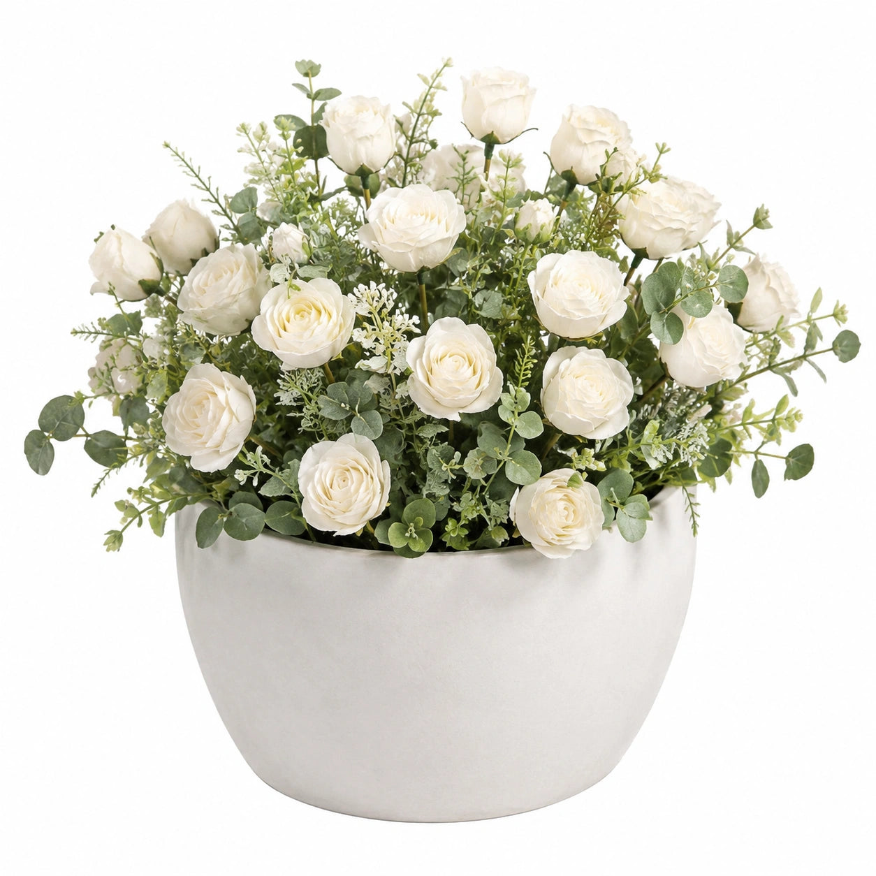 Bouquet de Roses Blanches Artificielles en Pot de Céramique