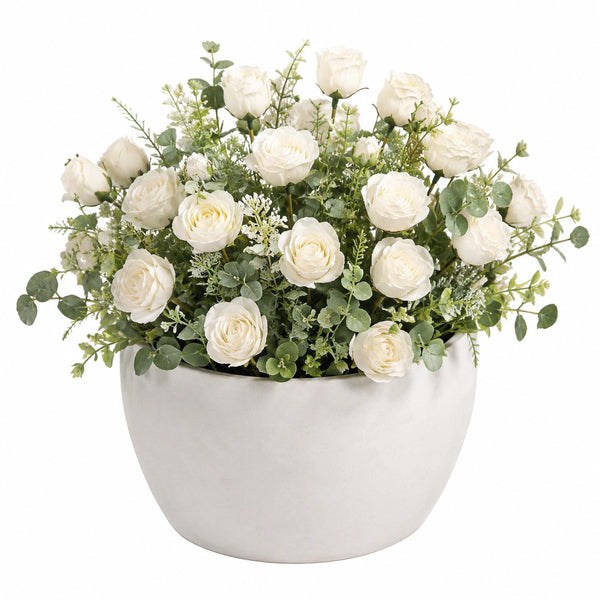 Bouquet de Roses Blanches Artificielles en Pot de Céramique