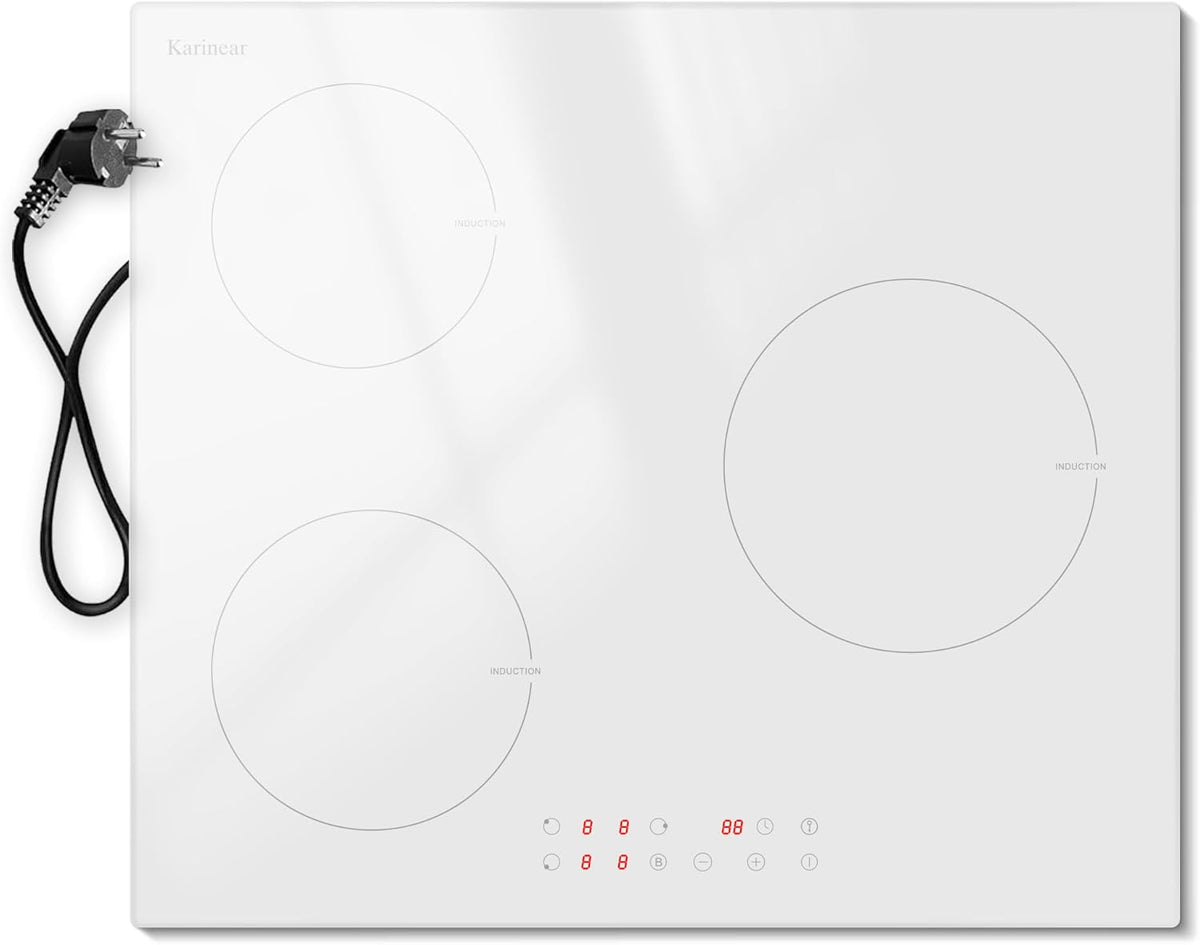 table de cuisson Karinear, 59CM, 3500 W, 220 V, Blanc, Plaque Induction 3 Feux avec Prise, Plaque de Cuisson Induction Encastrable
