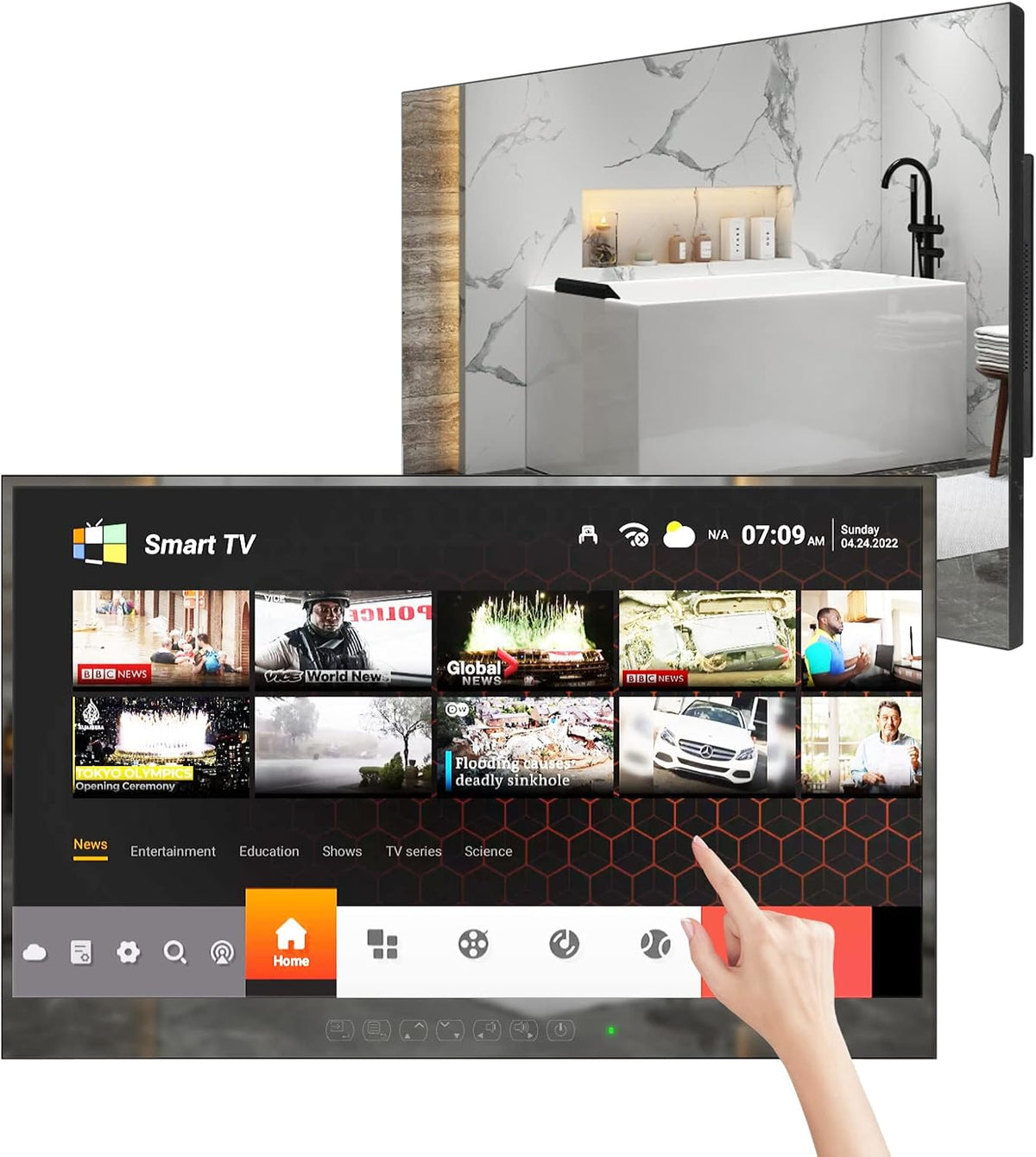 Soulaca téléviseur, 27 Pouces, Blanc, Smart TV TV 1080P étanche pour Salle de Bain, Hôtel avec Wi-FI et Bluetooth