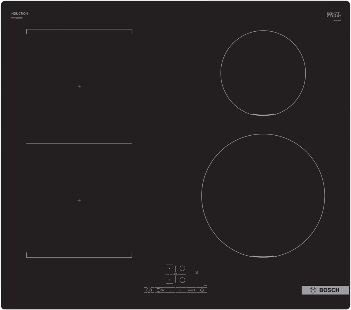 Bosch table de cuisson, 60 cm, Noir, Série 4 PWP611BB5B Plaque de cuisson à induction avec TouchSelect, CombiZone
