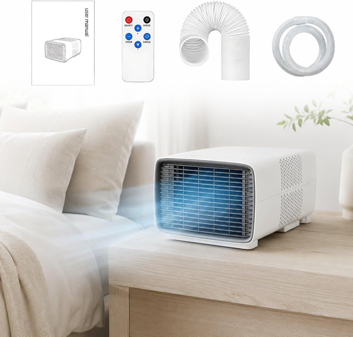 climatiseur portable HCAUYNN, 400 × 300 × 255 mm, 280 W, 45 dB, 9,6 kg, Blanc, Climatiseur Mobile Compact pour Petite Pièce