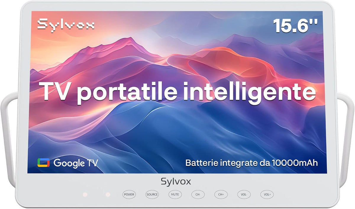 SYLVOx téléviseur, Noir, 15.6' Google Mini TV Portable 1080P FHD avec Poignée, Étanche IP66, Girevole 360°avec Poignée