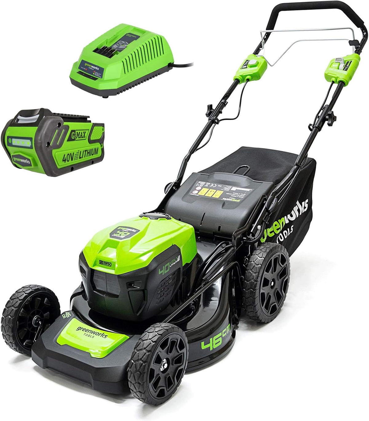 Greenworks tondeuse à gazon, 40 V, 46 cm, 4,0 Ah, Noir/Vert, Tondeuse tractée - Coupe de - 1 Batterie - 1 Chargeur - GD40LM46SPK4x