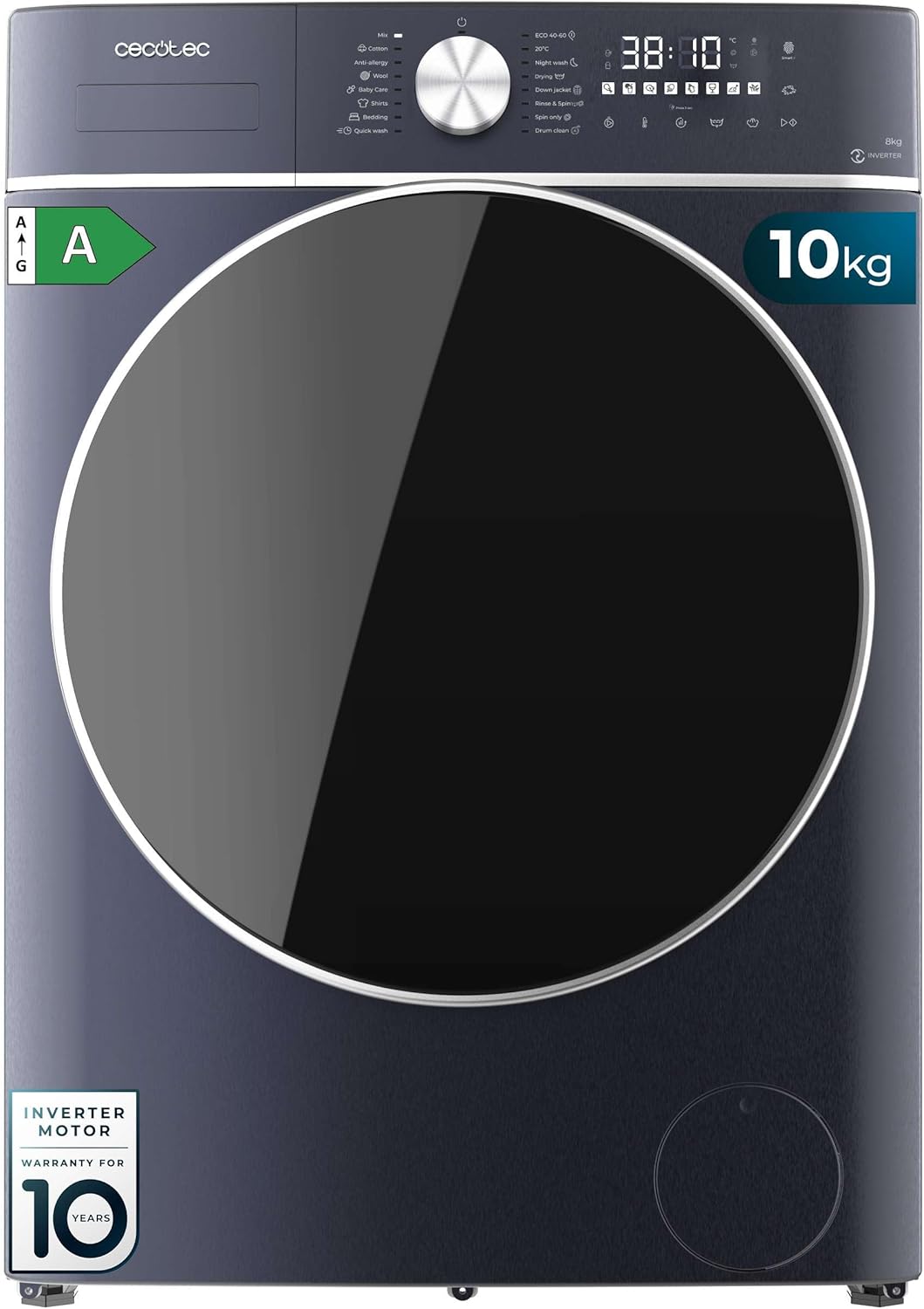 Cecotec lave-linge, 10Kg, 6Kg, 1400 tr/min, Blanc, Séchant + Chargement Frontal Bolero Wash&Dry 10680 Inverter Titanium A
