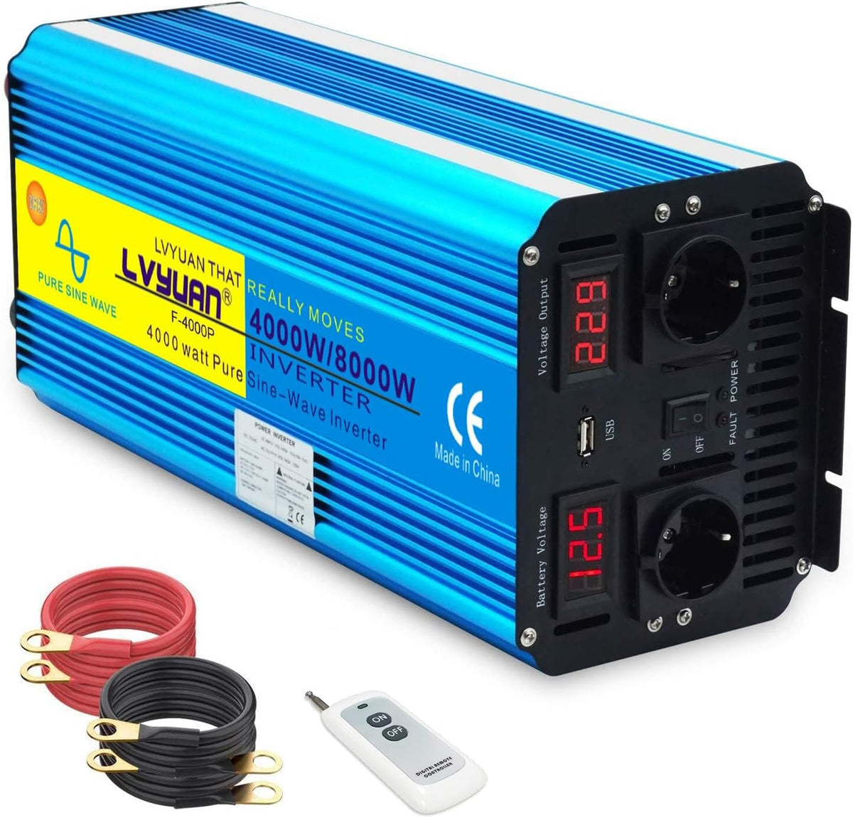 Yinleader convertisseur de tension, 4000 W, 8000 W, 12 V, 230 V, Bleu/Noir, / Onduleur sinusoïdal Pur Télécommande 2 LED Power Inverter 2 Prises