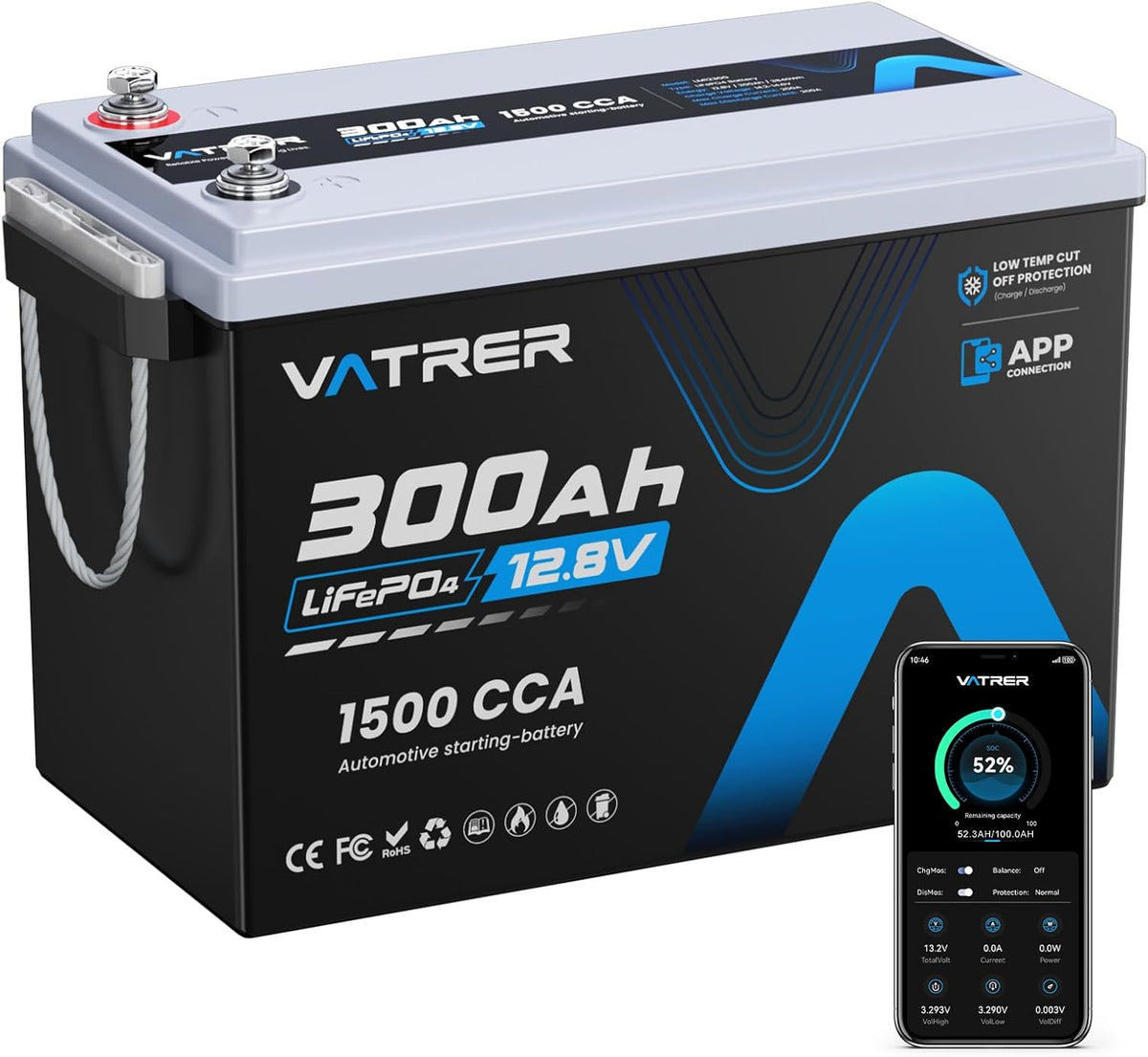VATRER POWER batterie, 12 V, 300 Ah, Noir/Bleu, LiFePO4 BMS 200A APP Camping-Car Solaire Bateau