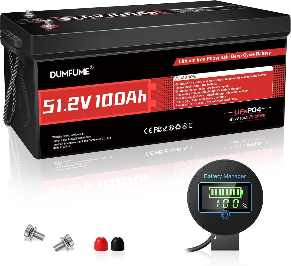 dumfume batterie, 48 V, 100 Ah, Noir/Rouge, Lifepo4 pour Voiturettes De Golf, BMS IntéGré 200A