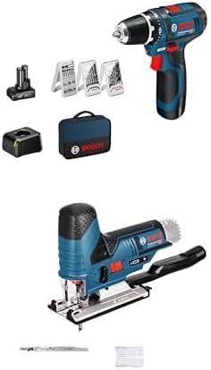 Bosch Professional perceuse-visseuse, 12 V, Bleu/Gris, System sans-fil GSR -15 + System scie sauteuse sans-fil GST -70