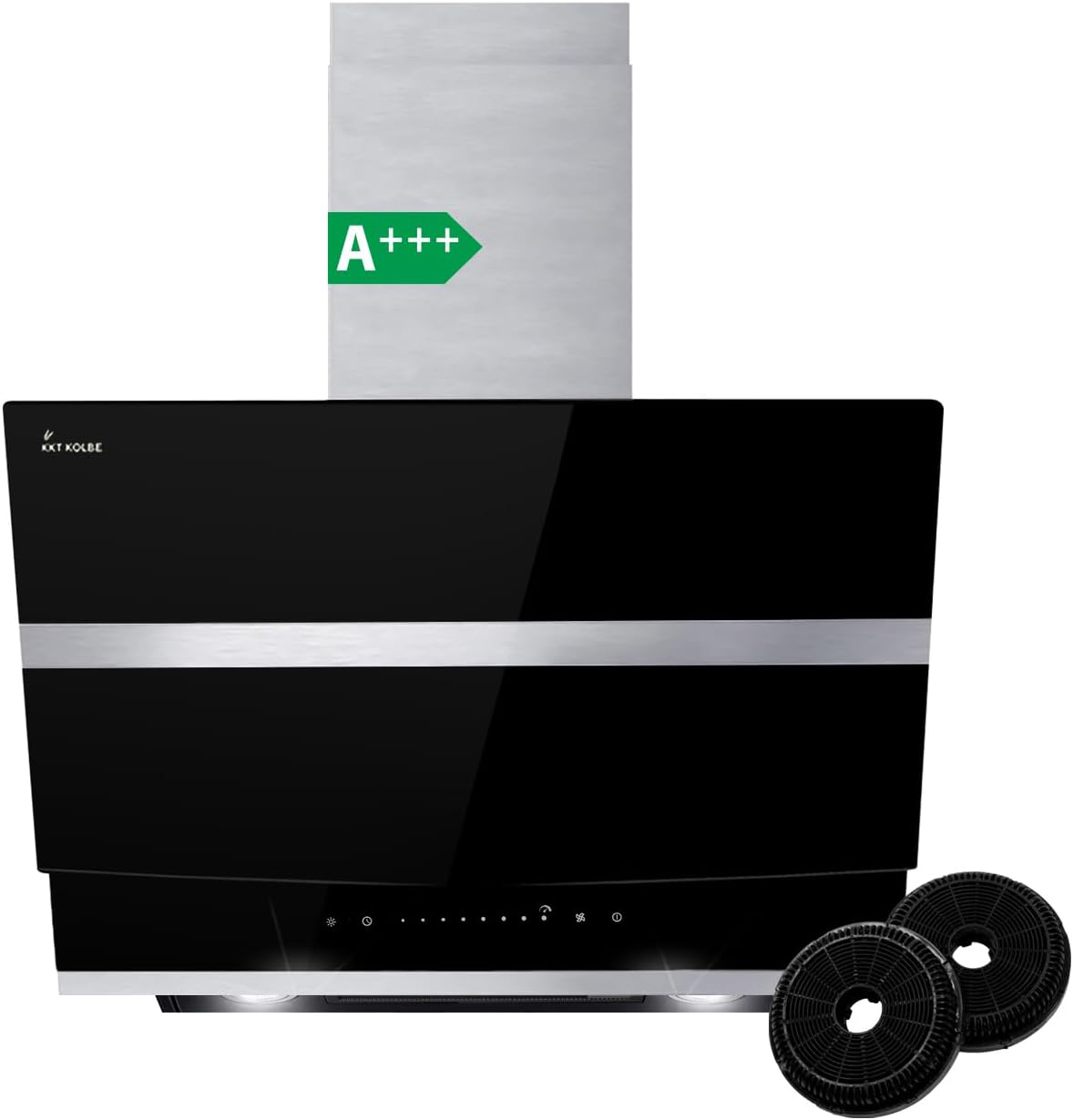 KKT KOLBE hotte aspirante, 60 cm, Argenté/Noir, Hotte Murale Inclinées, acier inoxydable, verre noir, arrête automatiquement