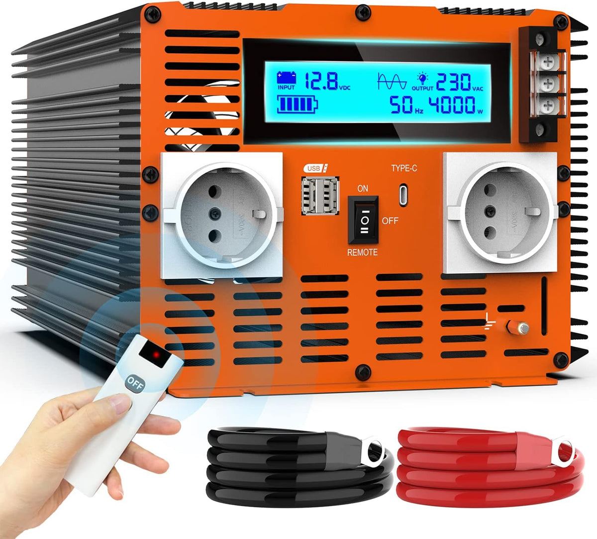 JARXIOKE onduleur, 12 V, 220 V, 4000w, Orange/Gris, 4 A & Port de Type C pour RV Voiture de Camion