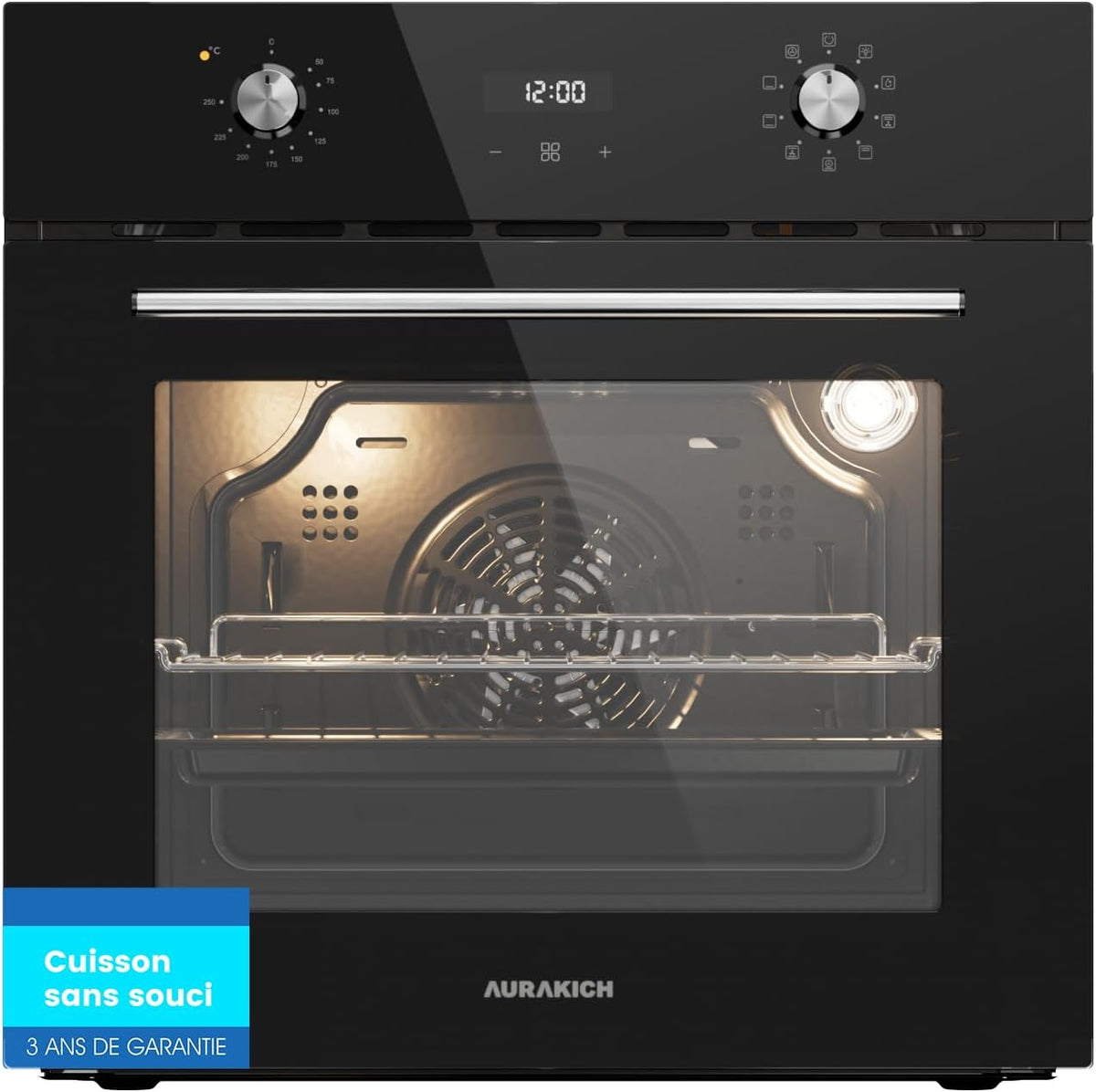 AURAKICH four encastrable, 60 cm, 70 L, Noir, chaleur tournante 4D, 8 modes de cuisson, chauffe rapide, minuterie et sécurité enfant
