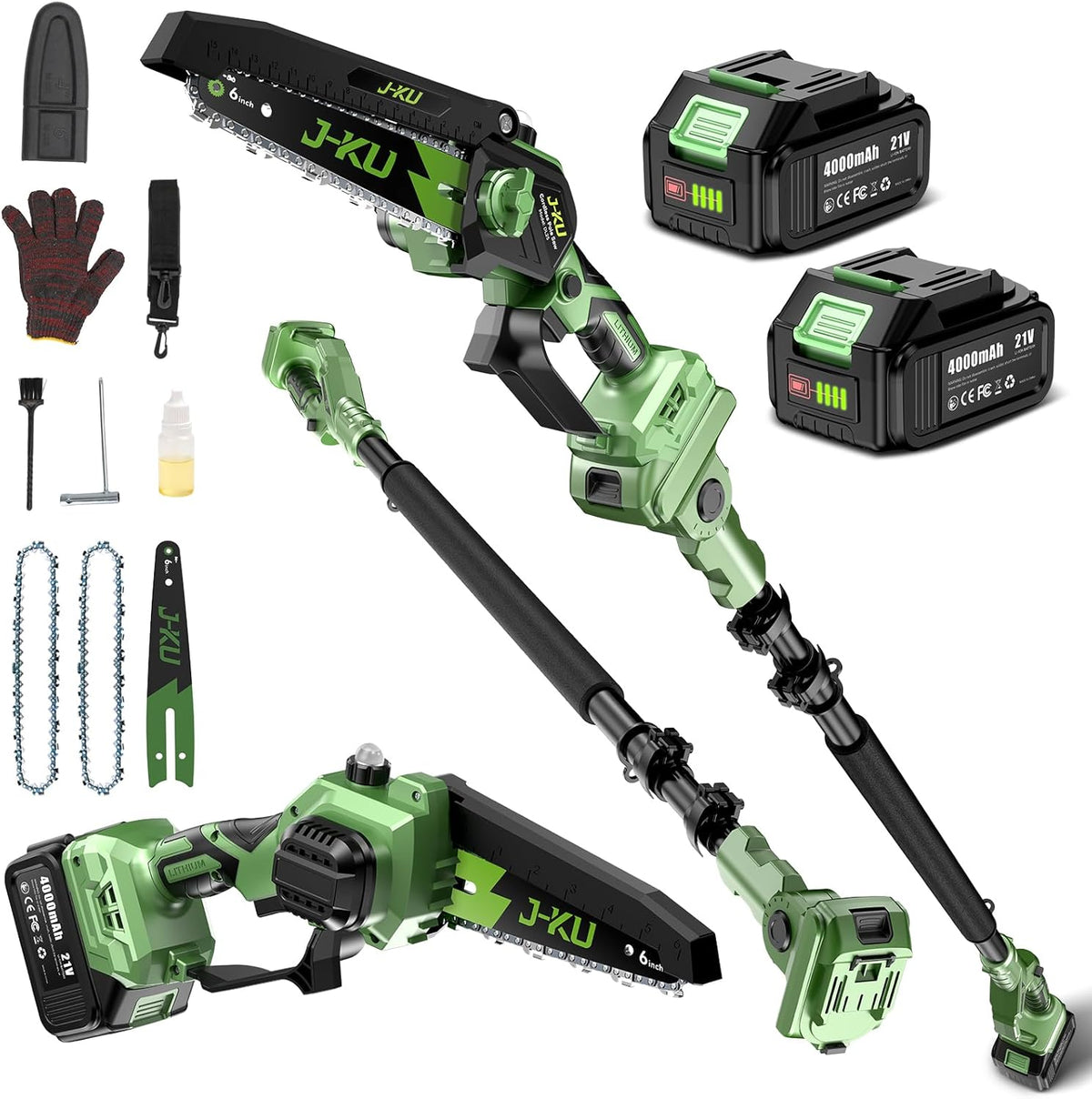 J-KU tronçonneuse, 6 Pouces, 4,6M, Vert/Noir, Moteur Brushless, Extension Jusqu'a, Telescopique a Batterie pour Branches et Jardin