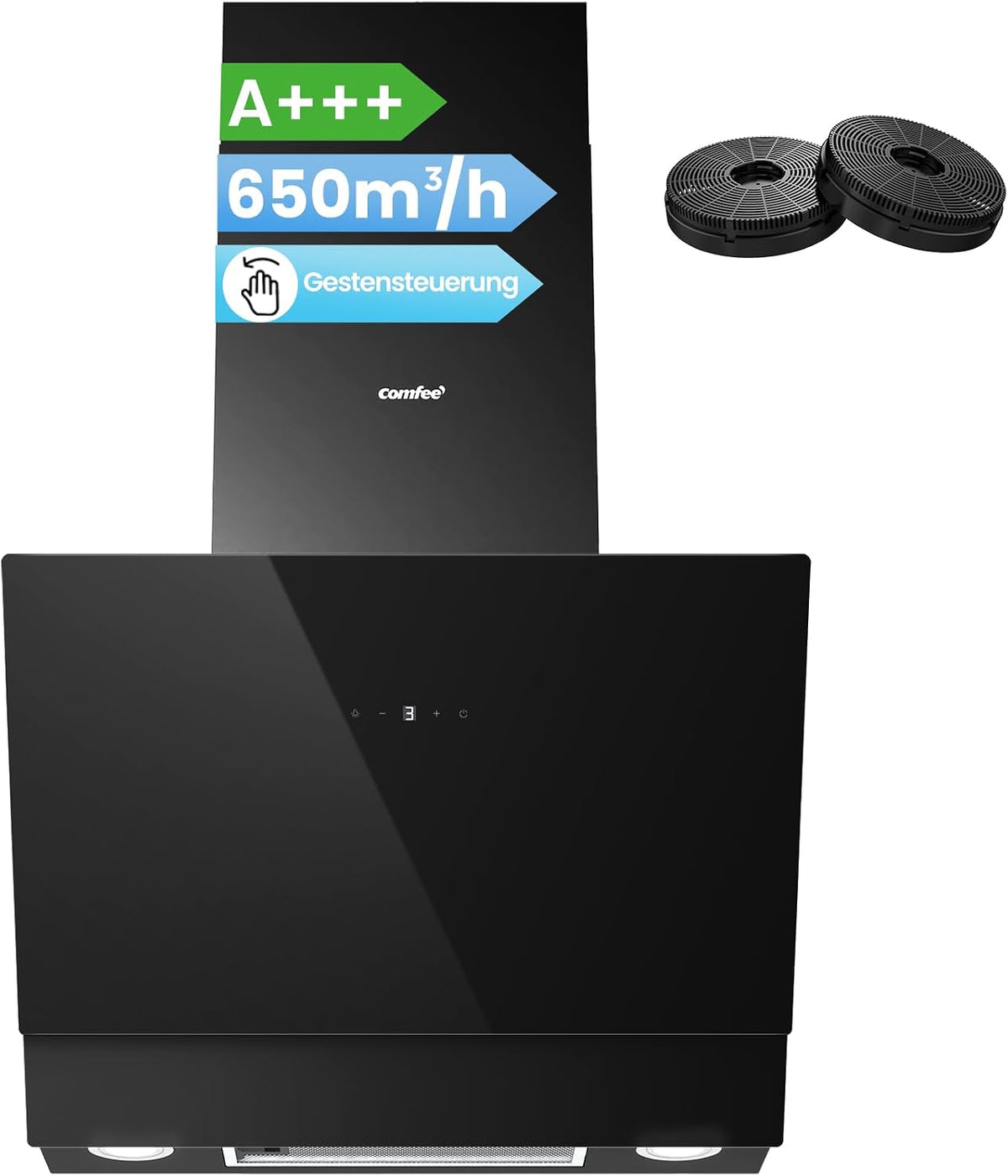 Comfee hotte aspirante, 60 cm, 650 m, Noir, CH60J72ET6A3B A+++, flux d'air ³/h, hotte de recirculation et évacuation