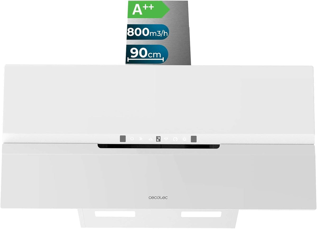 Cecotec hotte aspirante, 90 cm, 210 W, Blanc, Aspiration 800M3/H, Ouverture Automatique, Filtre à Charbon