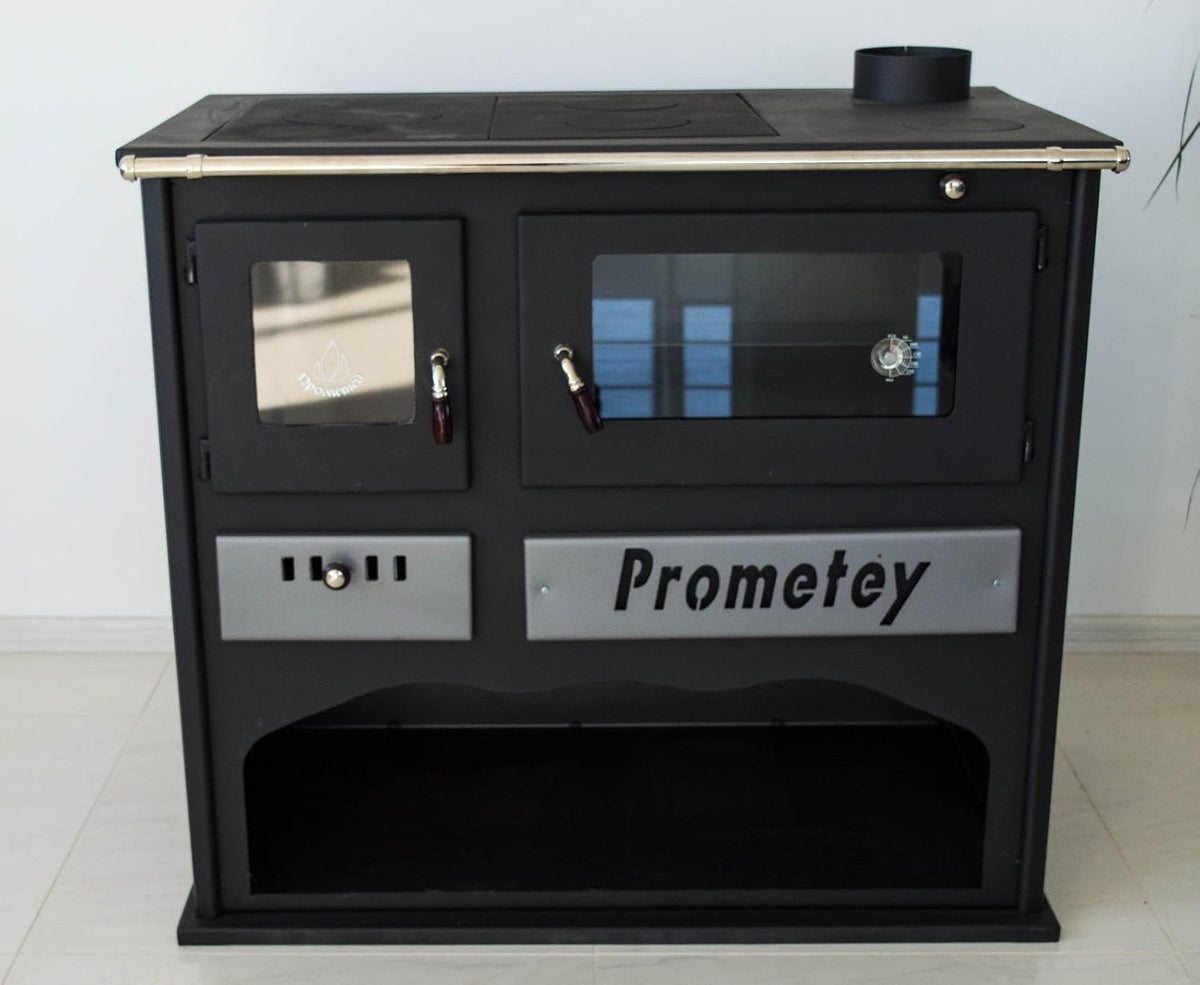 Prometey Cuisinières, 11 kW, Noir/Argenté, Poêle à bois cuisinière four avec verre - PRAKTIK - LUX