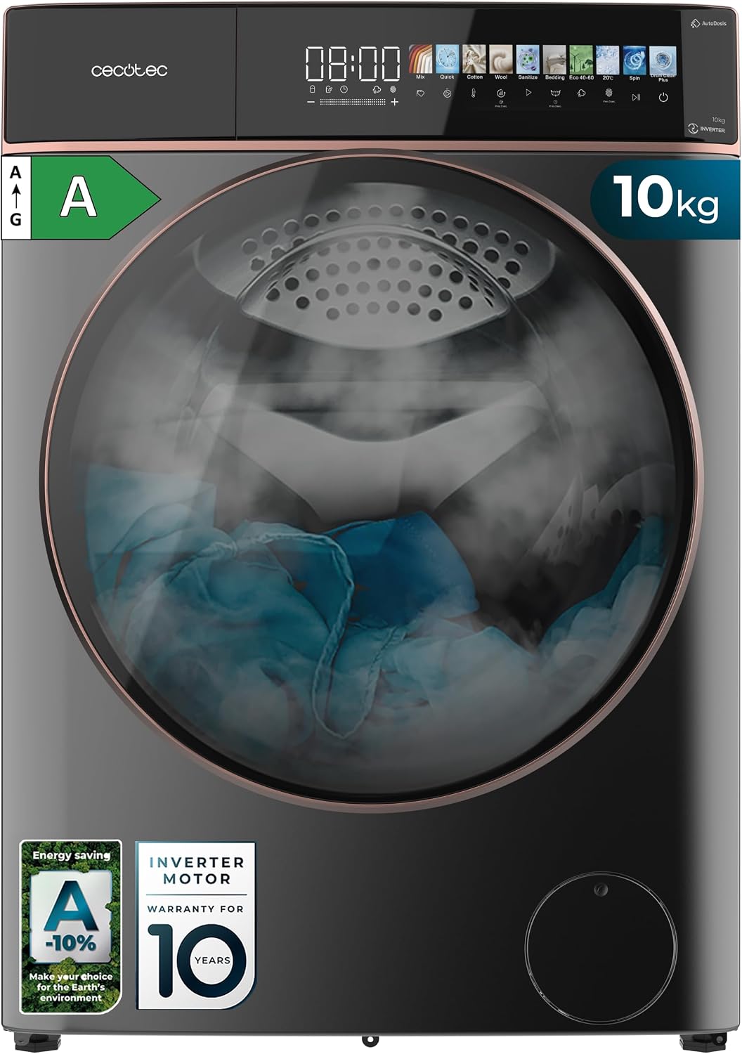 Cecotec lave-linge, 10 kg, Noir, Machine à laver, écran 10, Inverter Plus, SteamMax, 11 programmes, classe A