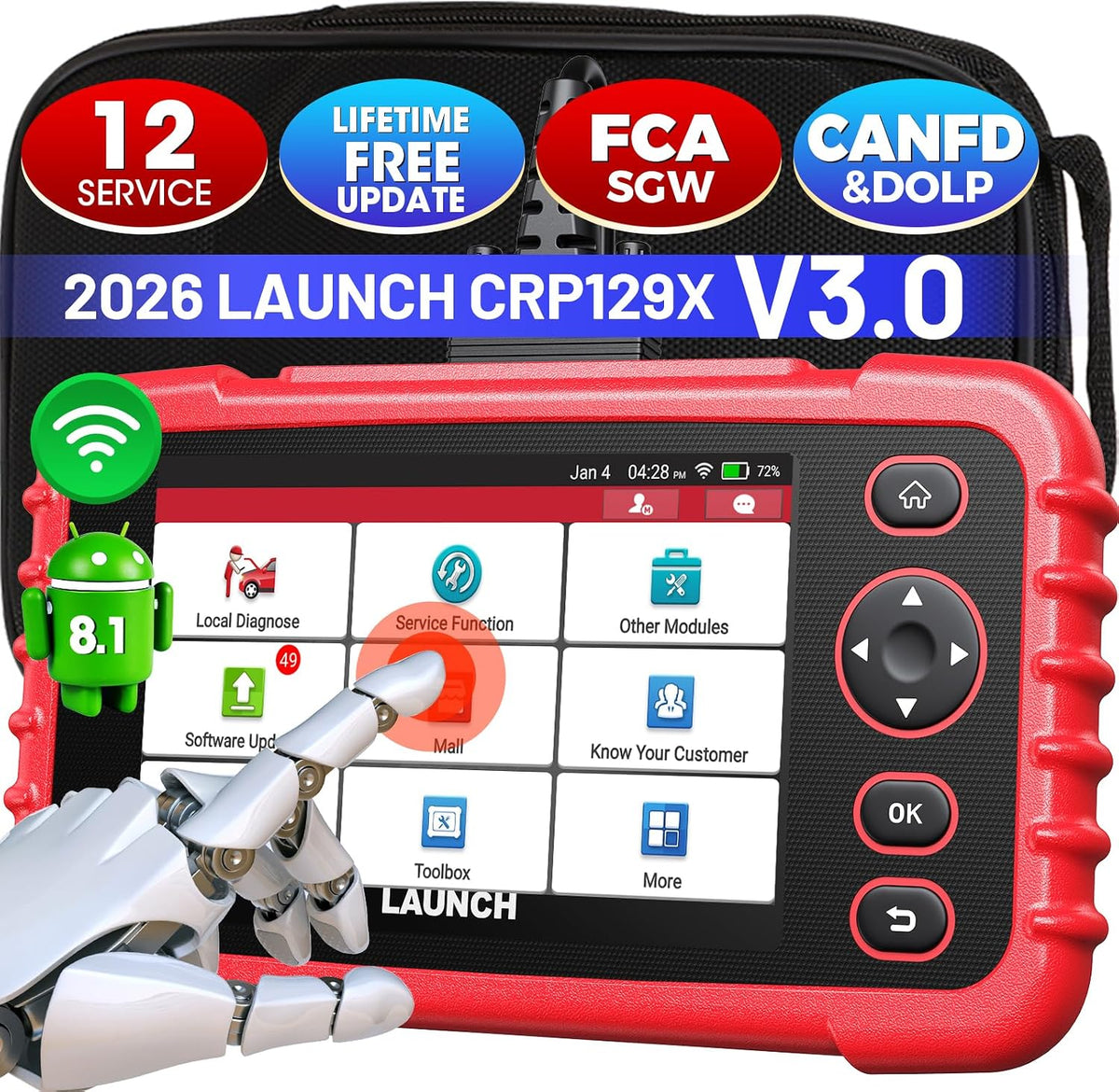 LAUNCH Outils diagnostics pour système de moteur OBD-II, Rouge/Bleu, CRP129X V3.0 OBD2 Appareil de diagnostic 12 fonctions de réinitialisation