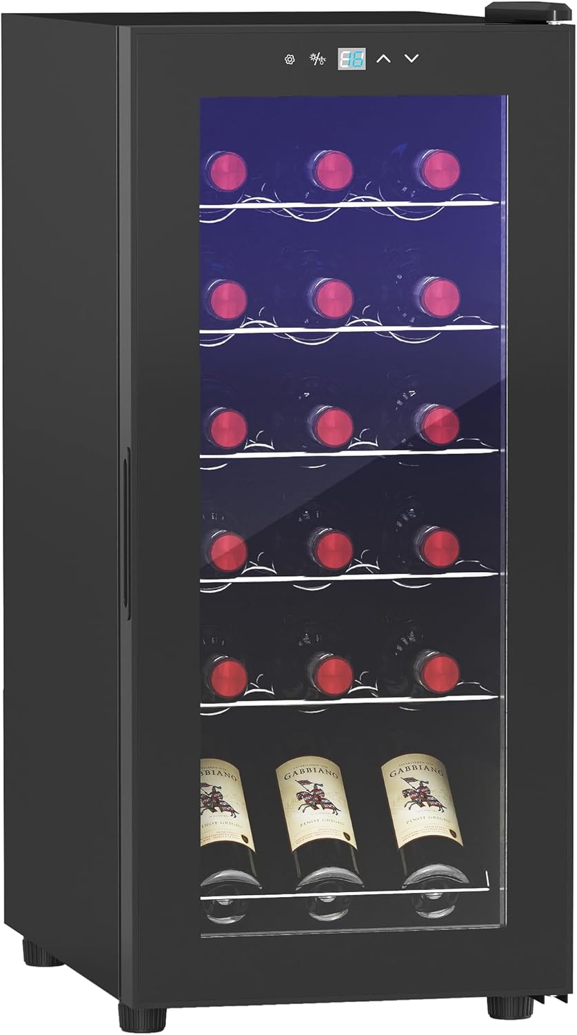 HOMCOM réfrigérateur, 50 L, Noir, Cave à Vin 18 Bouteilles Silencieux avec Porte en Verre, Étagères Réglables