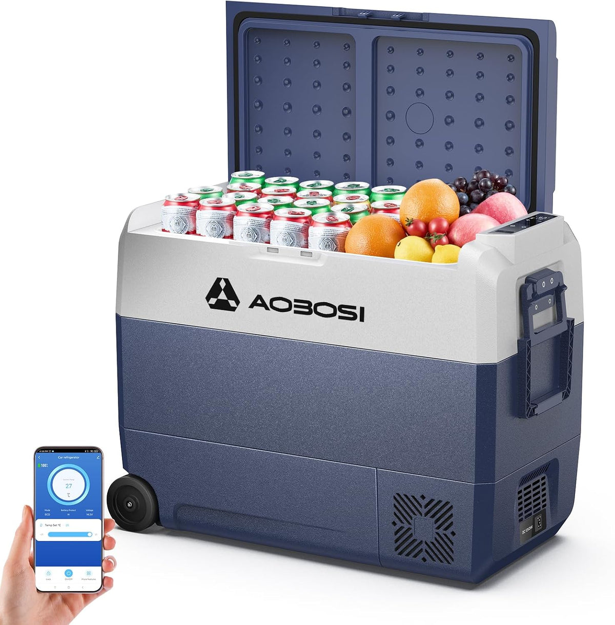 AAOBOSI mini réfrigérateur, 60 L, 12 V, 230 V, 24 V, Gris, Glaciere a Compression, -20°C à 20°C, Roues et Poignée Rétractable