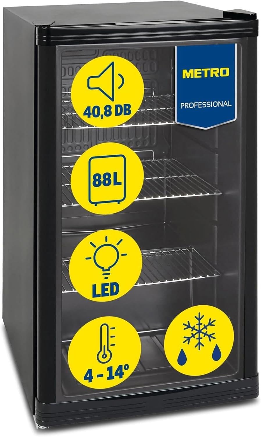 METRO Professional réfrigérateur, 43 x 49 x 83 cm, 88 L, 39 dB, Noir, à boissons GPC1088, métal/verre, réfrigération statique