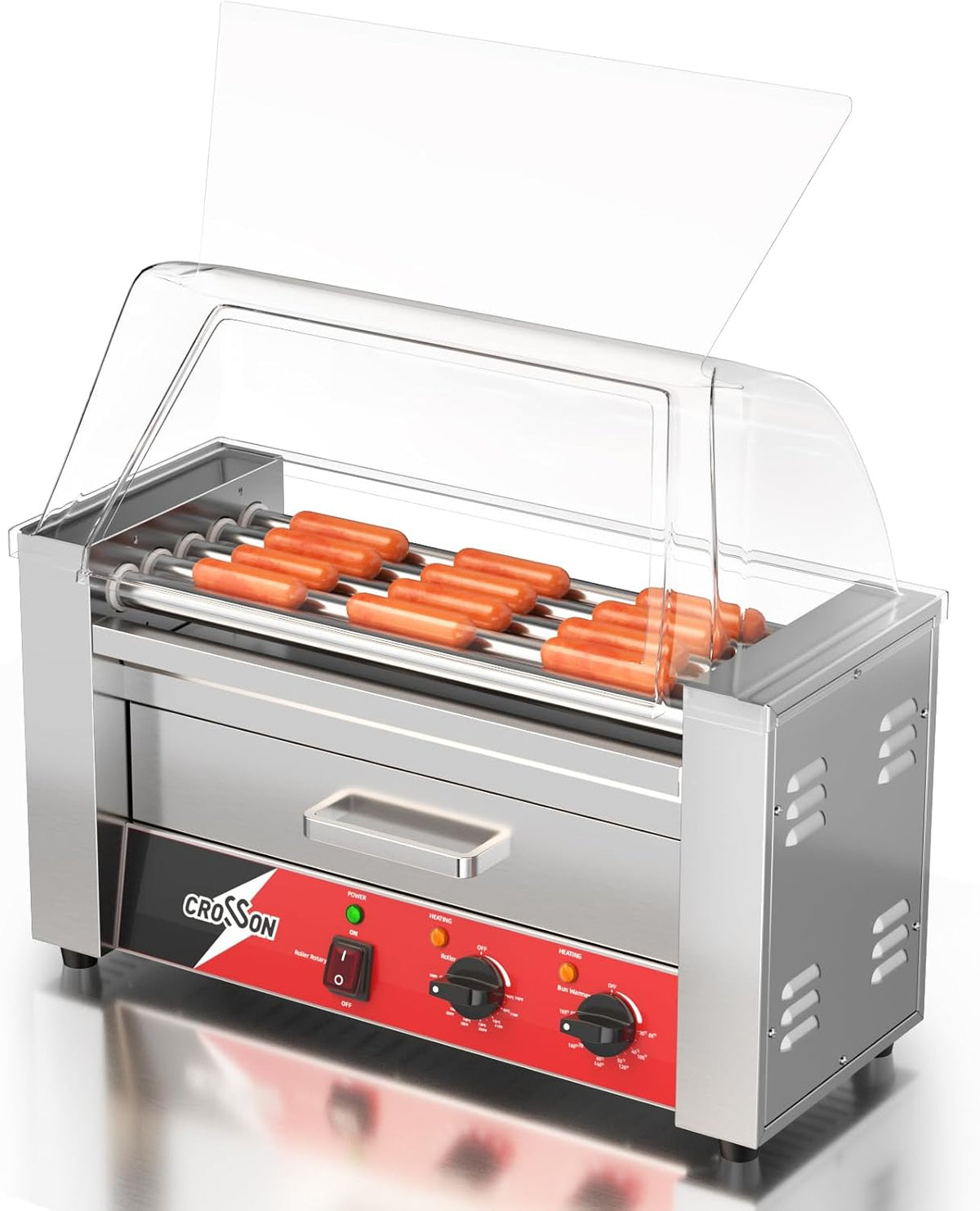 crosson Appareils à hot dog, 1050 W, Argenté/Transparent, Machine à Hot Dog Professionnel 5 Rouleaux avec Tiroir Chauffant à Pains