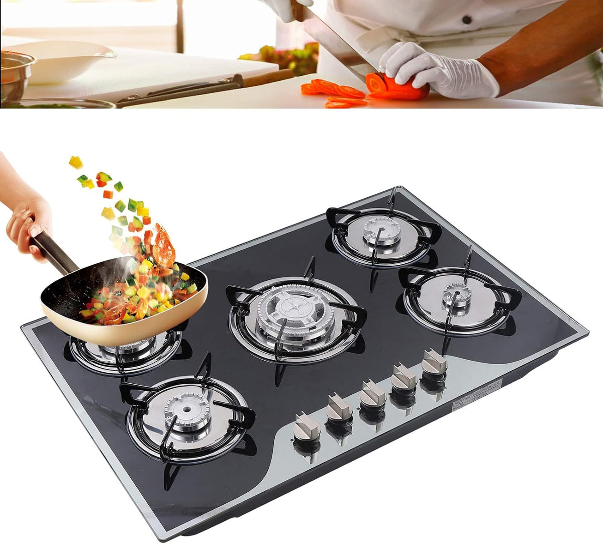 table de cuisson Esyogen, 8 mm, noir (bords miroirs)., Cuisinière à gaz intégrée en vitrocéramique à 5 feux