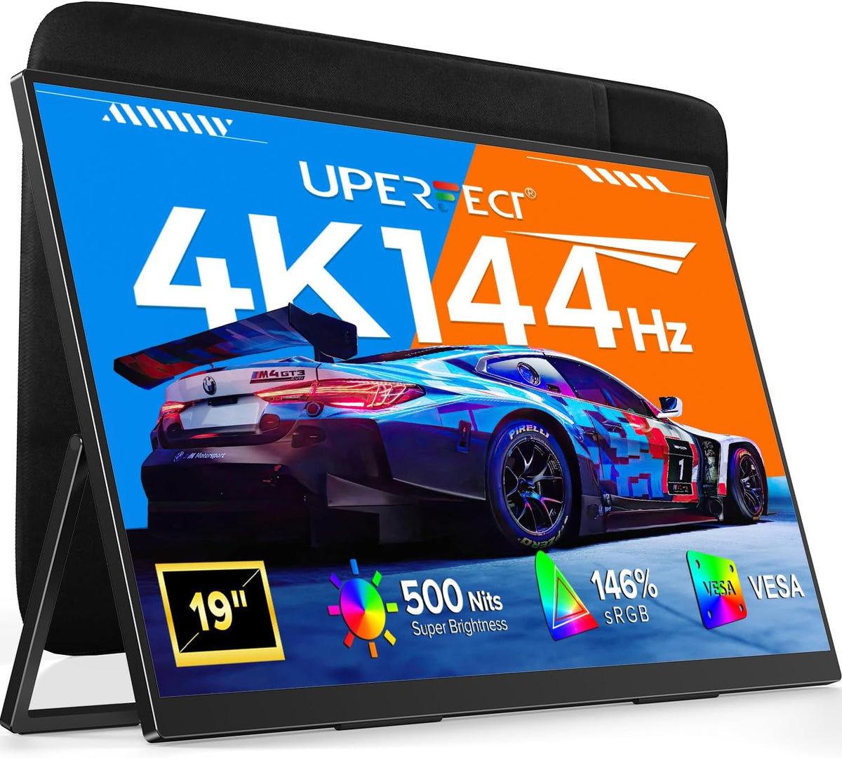 UPERFECT Écrans PC, 3840x2160, Noir, Écran de Jeu Portable 4K 144Hz, 19' 0.1ms 110% DCI-P3 QLED, 146%sRGB 2000:1 HDR10 500Nits