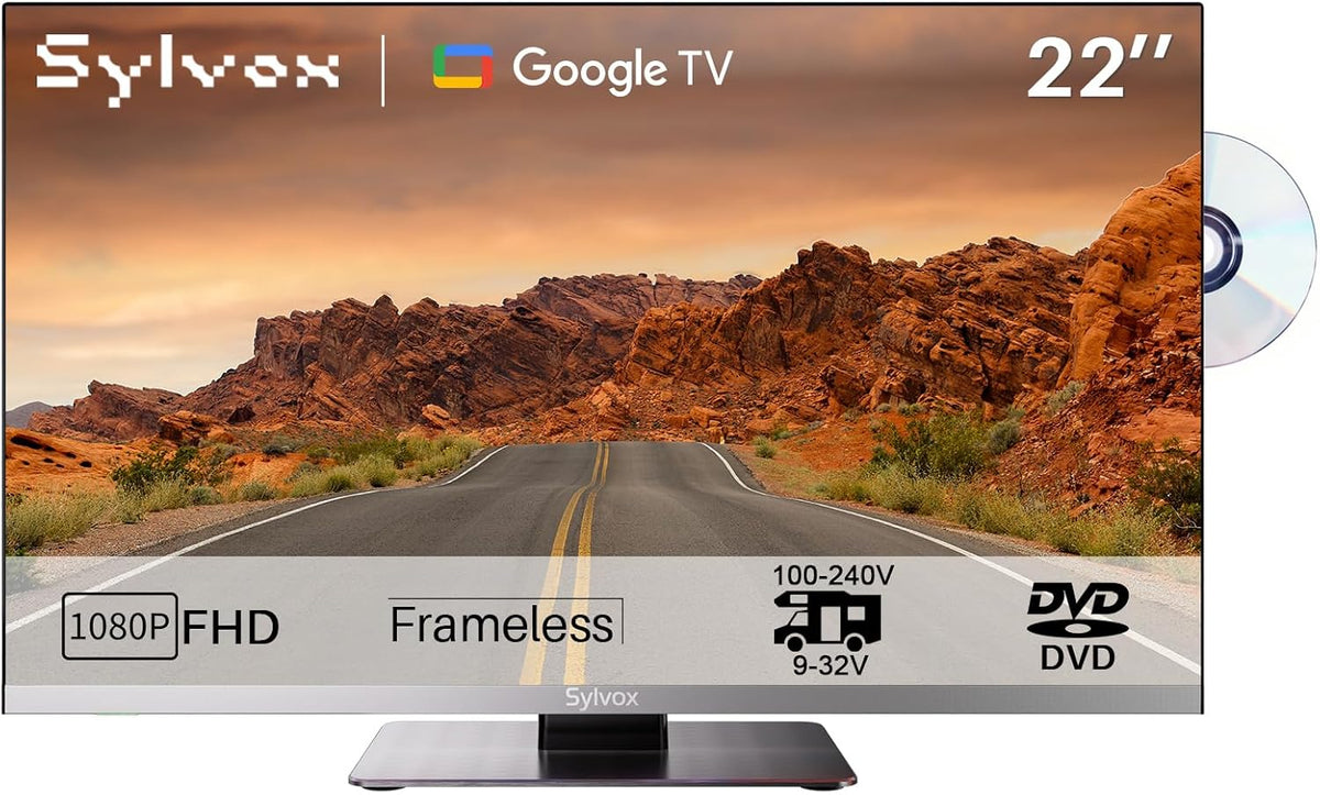 SYLVOx téléviseur, 12 V, 240 V, Noir, 22' Smart Google TV pour Camping - 1080P, Lecteur DVD Intégré, TV Large Tension 100