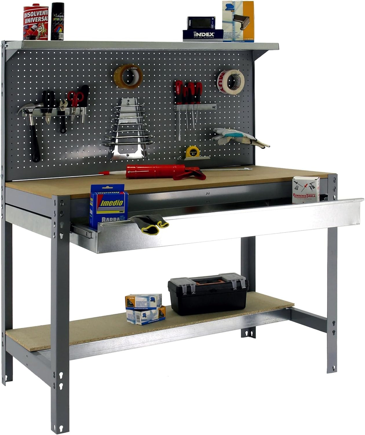 Simon Rack Établis, 600 kg, 1445x1210x610 mm, Gris, SimonRack Etabli d'Atelier, Capacité de Charge, Panneau Perforé avec 1 Étagère
