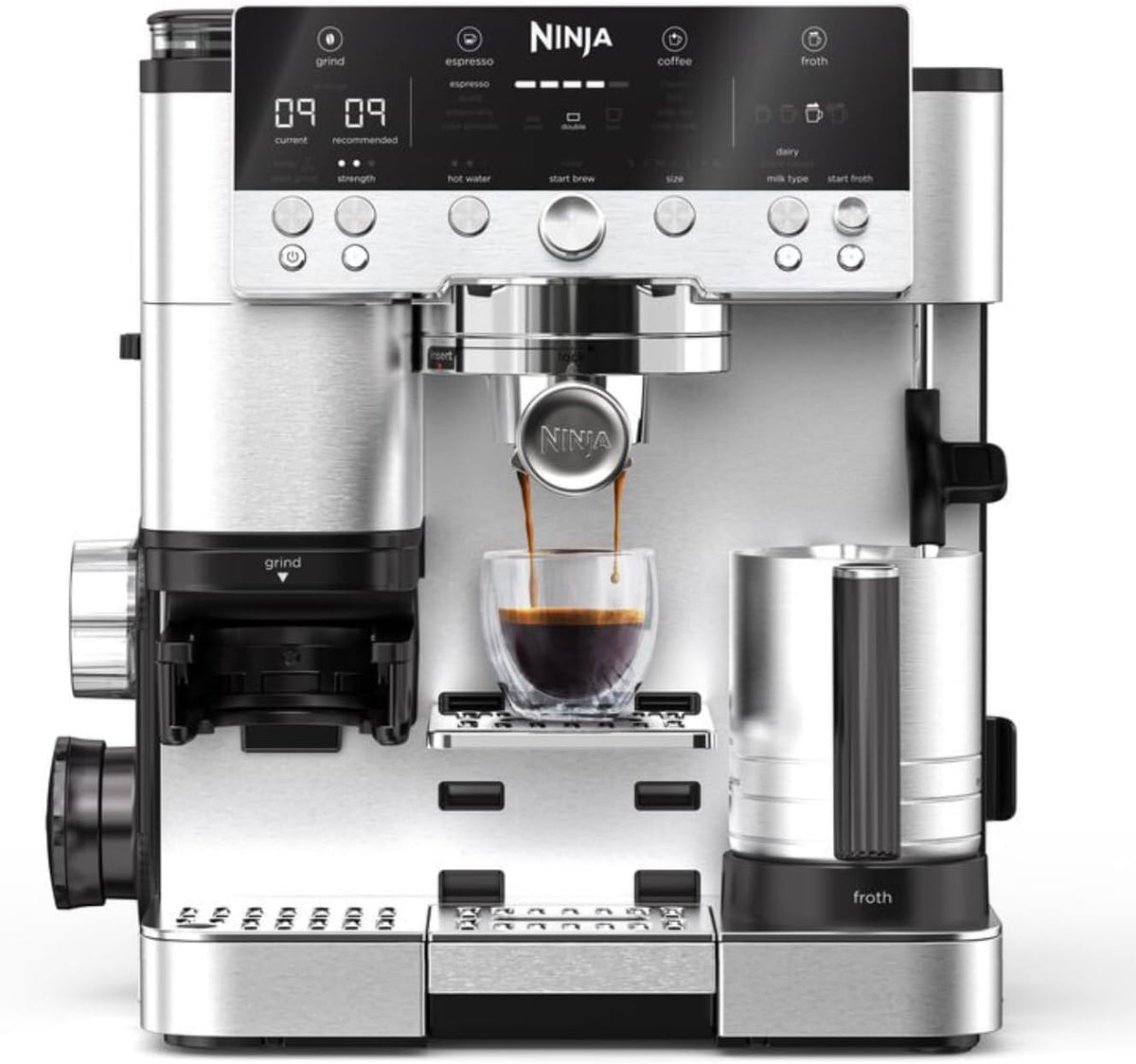 NINJA broyeur, Noir/Argenté, Luxe Premier, Machine a cafe a grain barista 3 en 1 ES601EU, Cappuccino, 4 préréglages