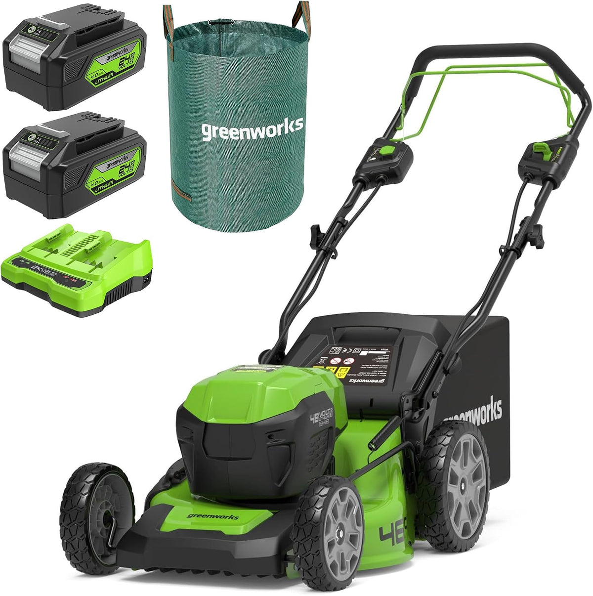 Greenworks tondeuse à gazon, 2x24, 46 cm, 55 L, 4 Ah, 120 L, Vert/Noir, V sans Fil, Largeur de Coupe, Sac & Deux Batteries Deux Un Chargeur Double