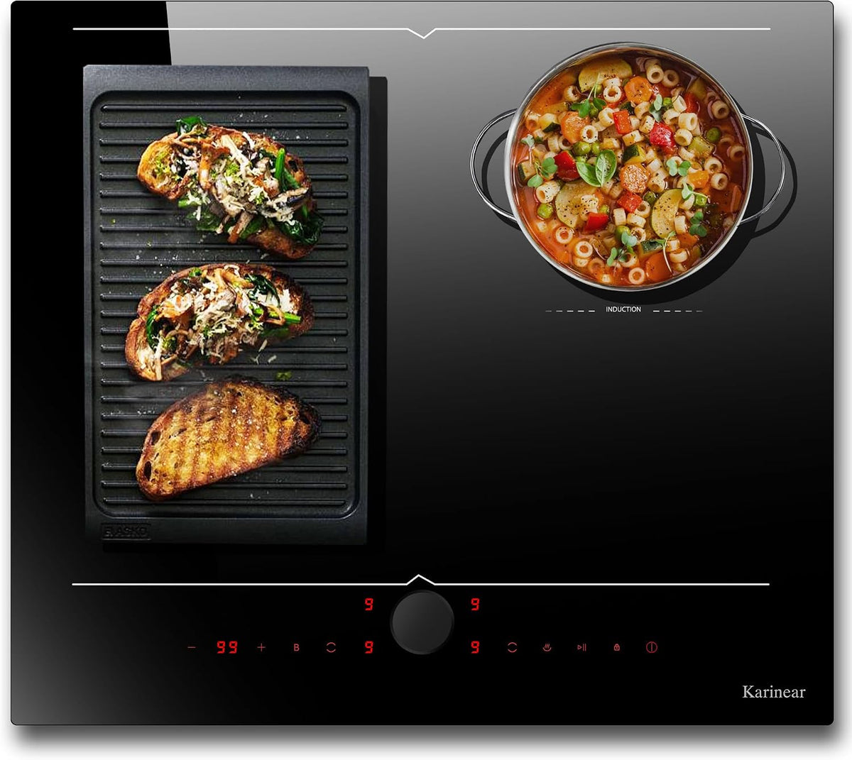 Karinear Tables de cuisson, 59Cm, 220 V, Noir, Plaque Induction 4 Feux avec Zone Flexible, Commande par Boutons Magnétiques
