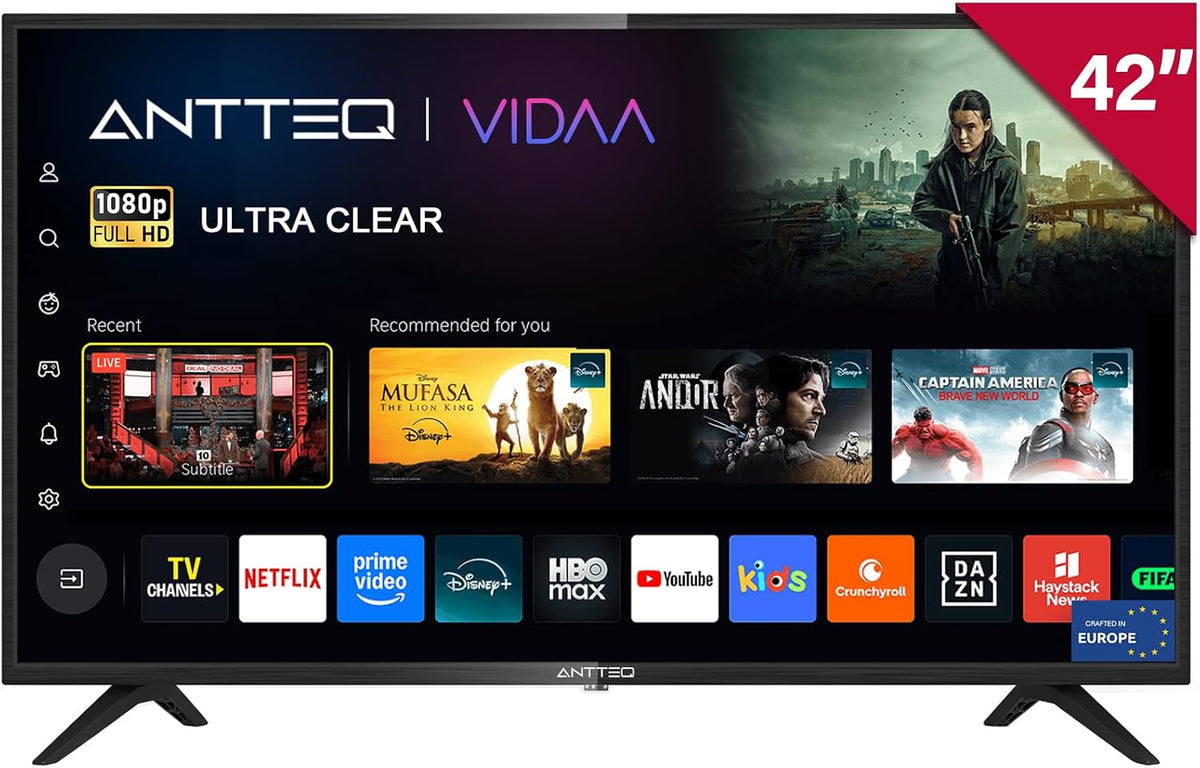 Antteq téléviseur, 42 Pouces, 106 cm, Noir, AV42F3 Smart TV 2K D-LED ( ) avec Netflix, Prime Video, Molotov TV