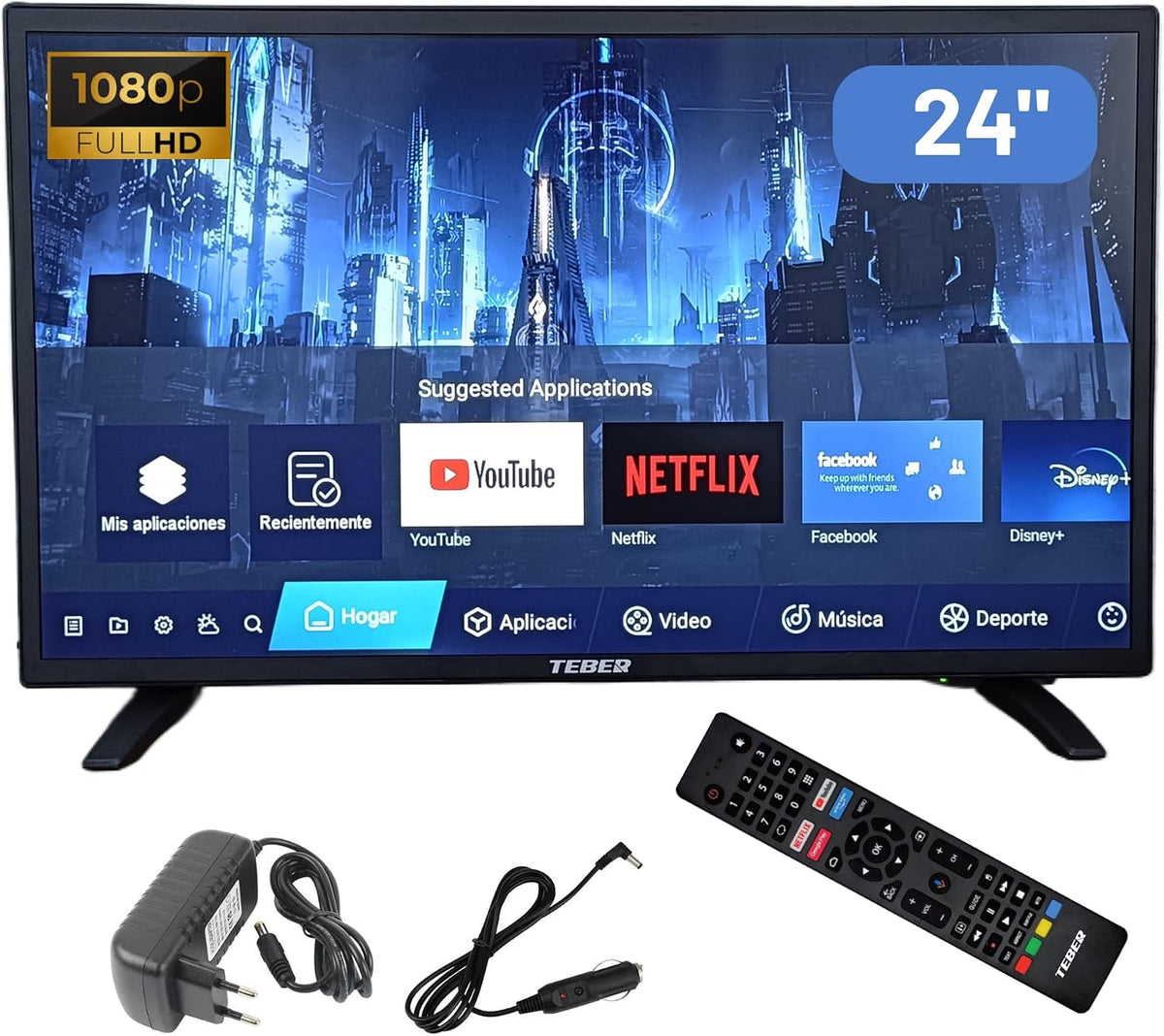 TEBER téléviseur, 12 V, 24 V, 230 V, 1920 x 1080, Noir, . Smart TV 24' - / / . Bluetooth, commande vocale