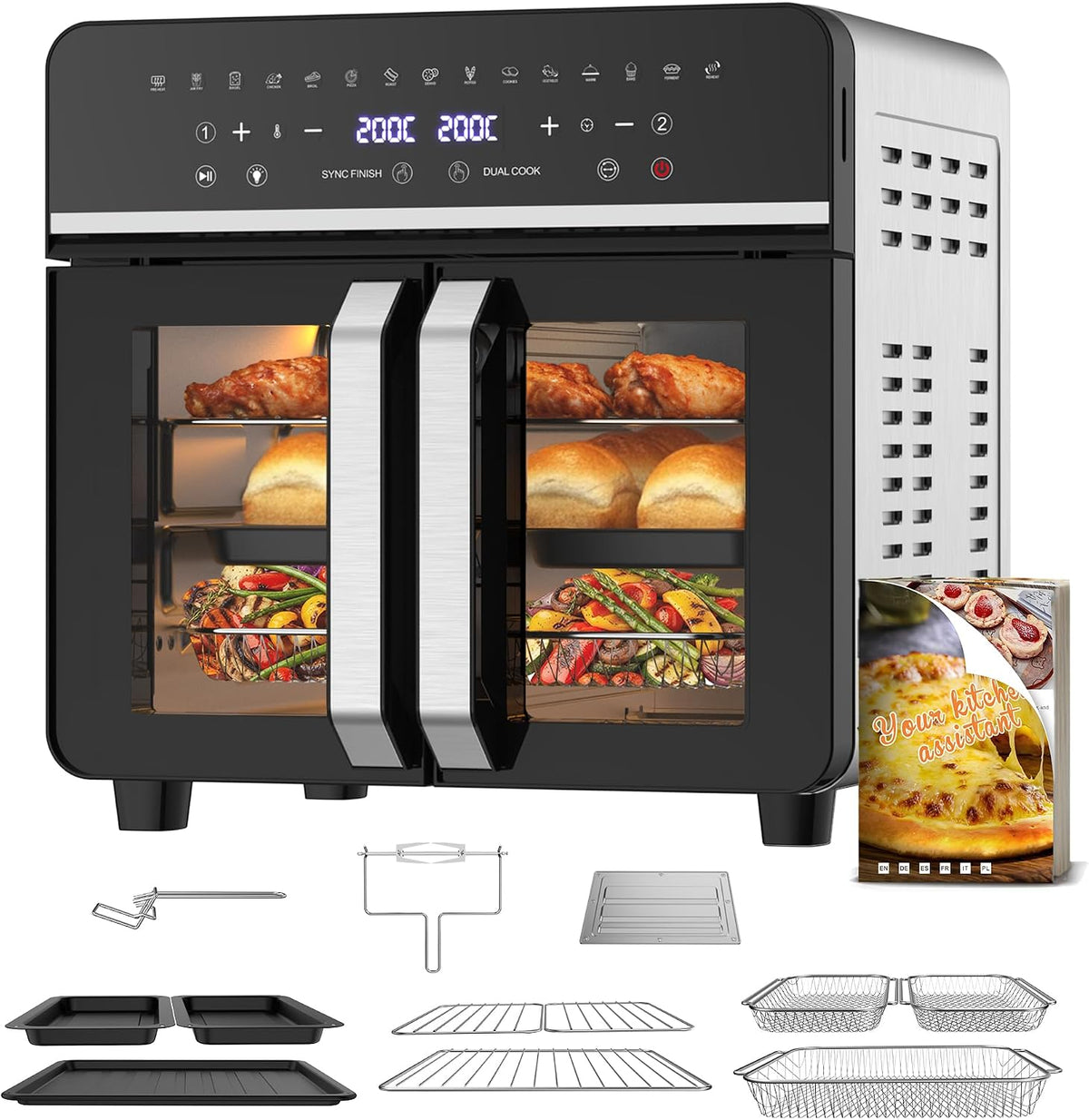 Emphsism friteuse à air chaud, 23 L, 2600 W, Noir/Argenté, Familles, Mini Forno Cuisson Zone 1/2, Temp Sép, Grande Fritteuse Sans Huile Famille