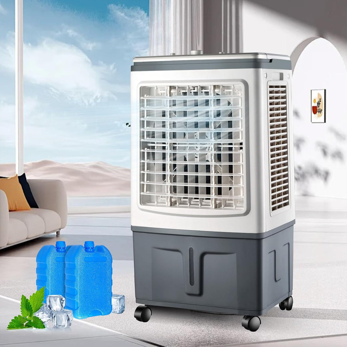 Rafraîchisseur climatiseur portable, 30 L, Blanc, d'Air 4-en-1 Grand Climatiseur Mobile Mécanique, Humidificateur avec 2 Packs de Glace
