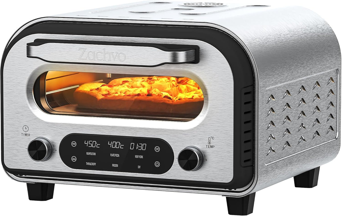 ZACHVO four à pizza, 32 cm, Noir, électrique - Jusqu'à 450℃, 5 pizzas préprogrammées, minuterie de 1 à 60 minutes