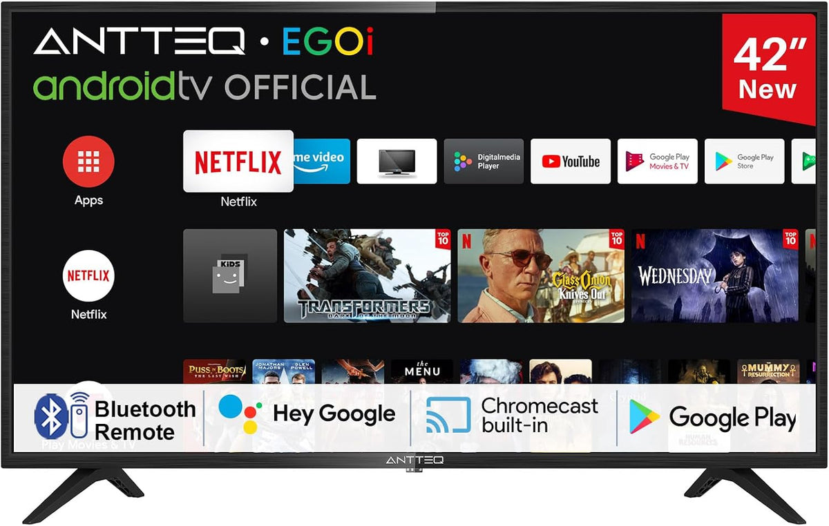 Antteq téléviseur, 42 Pouces, 106 cm, Noir, AG42F3 Smart TV ( ), Dolby Audio, Google Assistance, Bluetooth Triple Tuner(DVB-C/S2/-T2)