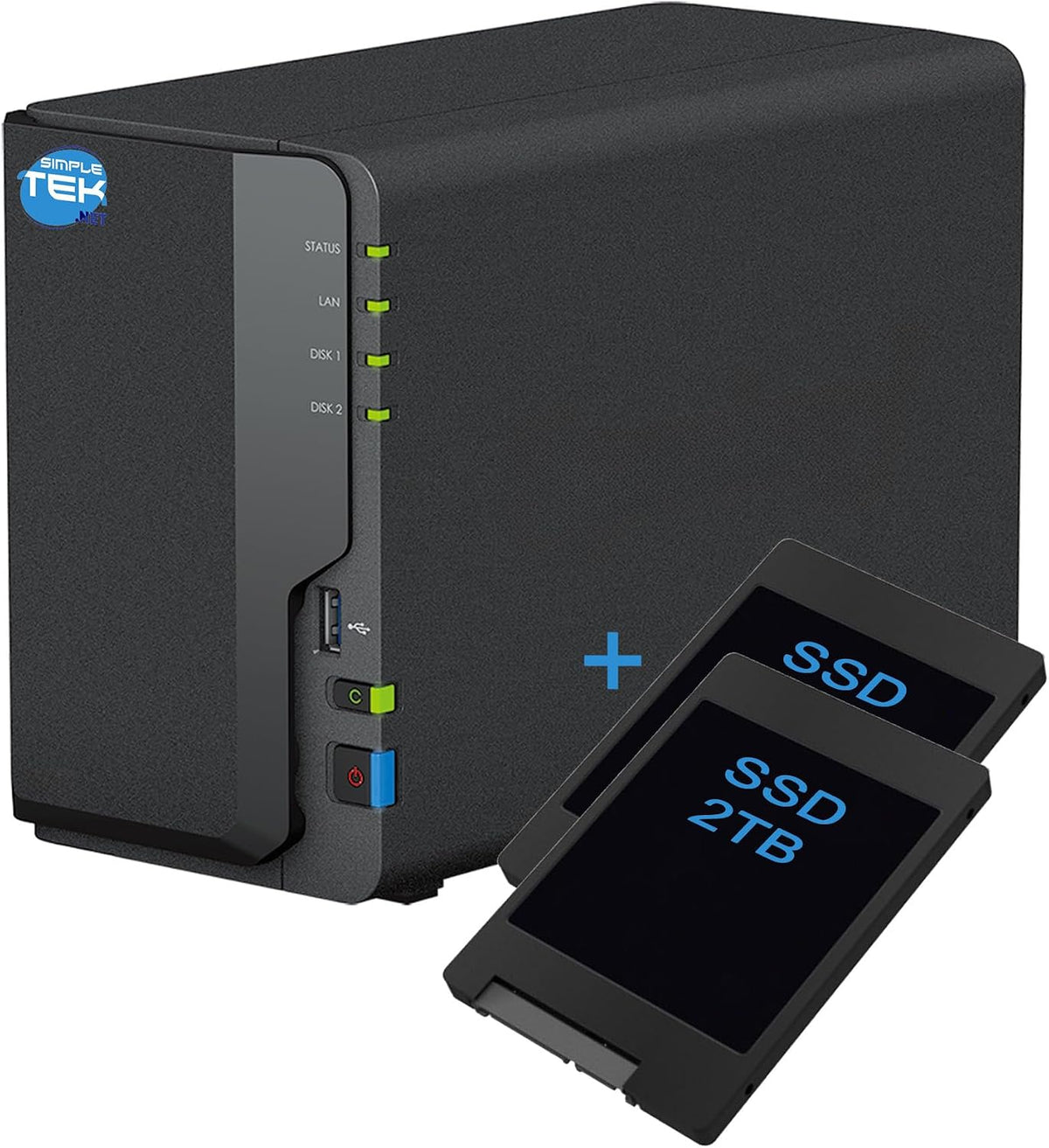 SIMPLETEK Serveurs, Noir, - Périphérique de stockage réseau NAS à 2 baies avec double SSD 2To+2To, Gigabit LAN