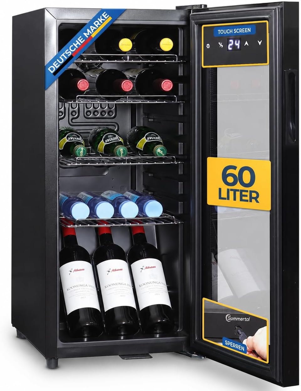Sommertal réfrigérateur, 60 L, Noir, silencieux pour boissons avec LED, écran tactile et cadenas, petit pour bouteilles