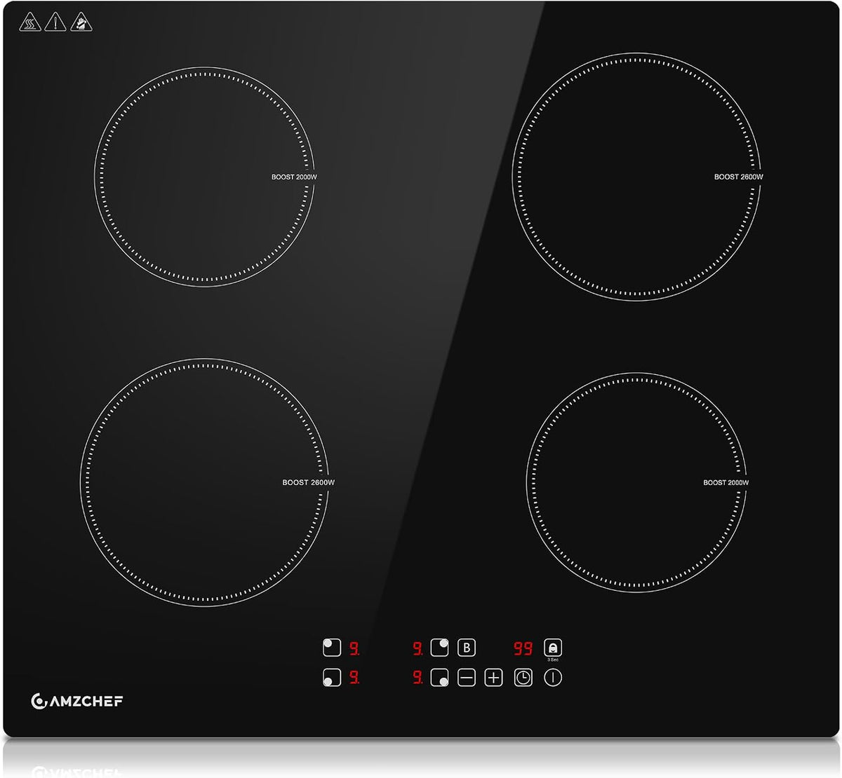 AMZCHEF Plaques de cuisson, 60CM, 7400 W, Noir, Encastrable Plaque Induction 4 Feux, 9 Niveaux, Chauffage rapide