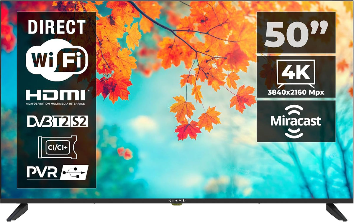 KIANO téléviseur, 3840×2160, 200×300, Noir, Intelligent 50' Elegance, 4K UHD ( ), Android 11, Triple Tuner DVB-T2/S2/C