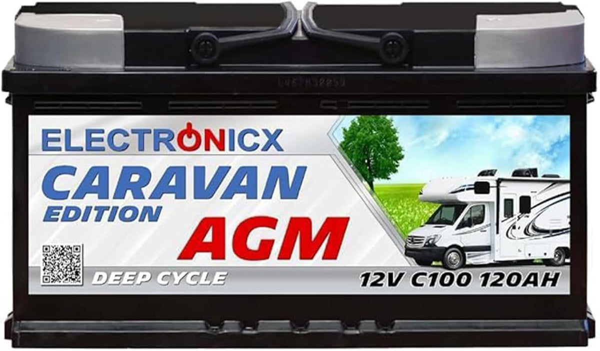 Electronicx Batteries de voiture, 12 V, 120 Ah, 353×175×190 mm, Noir/Gris, AGM CARAVANE Édition C100 Batterie Deep Cycle