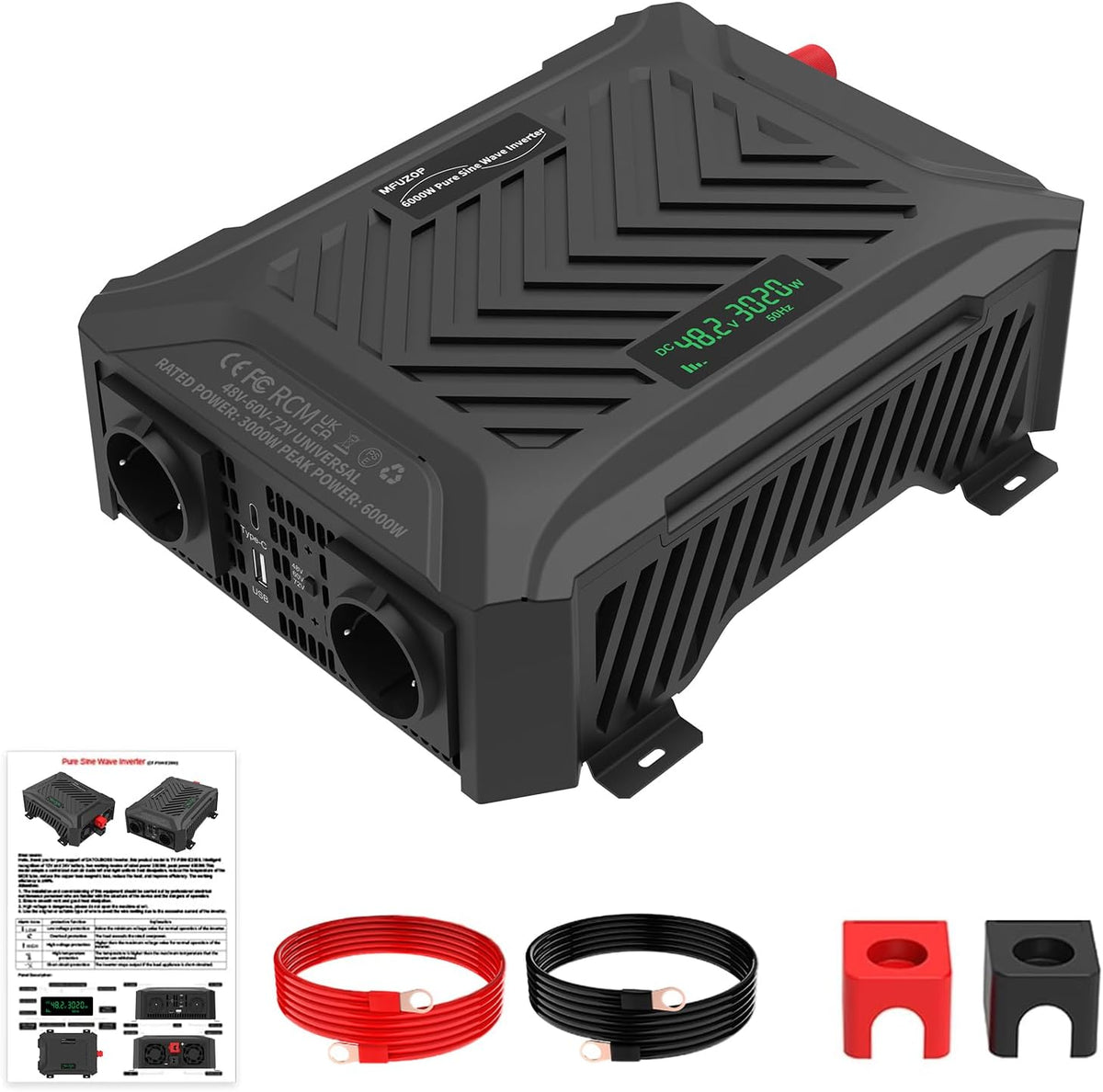 MFUZOP onduleur, 48 V, 60 V, 72 V, 220 V, 230 V, Noir/Gris, Convertisseur / / vers Pur Sinus 3000w, Onde Sinusoïdale Pure 6000w en Puissance de Crête